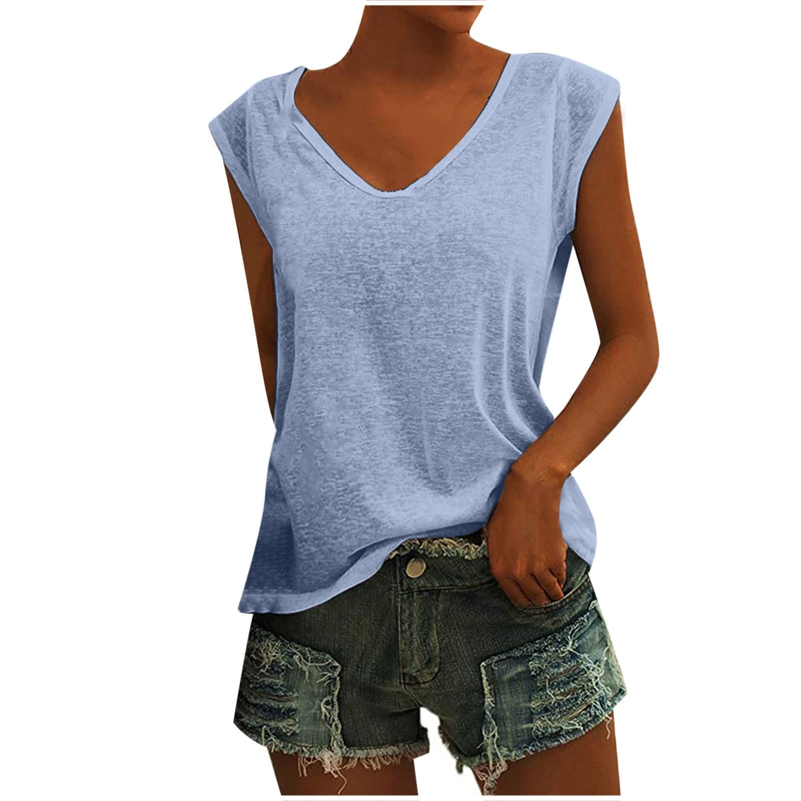 TUNUSKAT Women's Summer Cap Sleeve Tank Tops - Soft V-Neck Casual Sleeveless Tee Shirt, Loose Fit Comfortable Solid Color Vest for Workout, Beach, Travel & Daily Wear