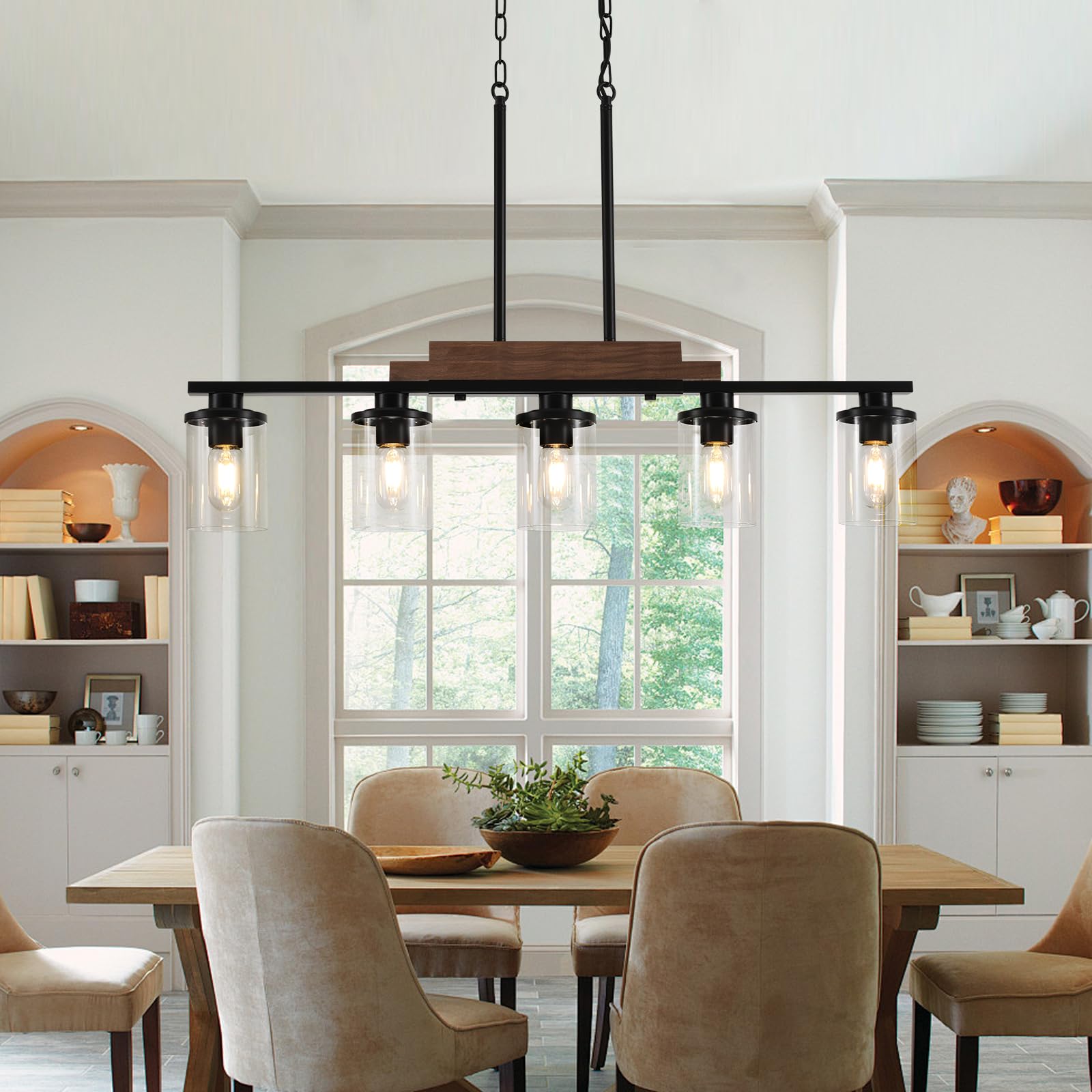 Modern Farmhouse 5-Light Linear Chandelier - Adjustable Height Kitchen Island Lighting with Clear Glass Shades, Rustic Wood Dining Room Light Fixture for Farmhouse, Industrial & Contemporary Decor (Perfect Over Dining Tables, Kitchen Islands & Open Concept Spaces)