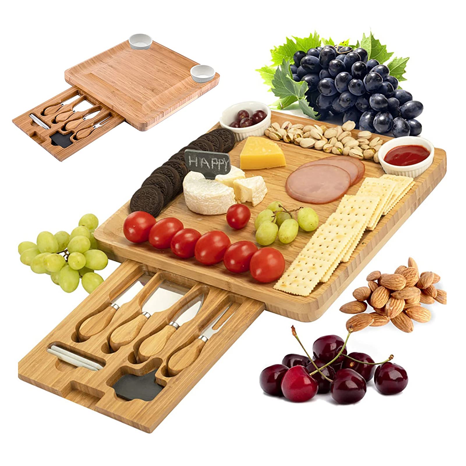 Premium Bamboo Cheese Board Set with Knives - Charcuterie Serving Tray, Wooden Cutting Board & Platter for Entertaining - Perfect for Wine Pairings, Charcuterie Nights & Dinner Parties