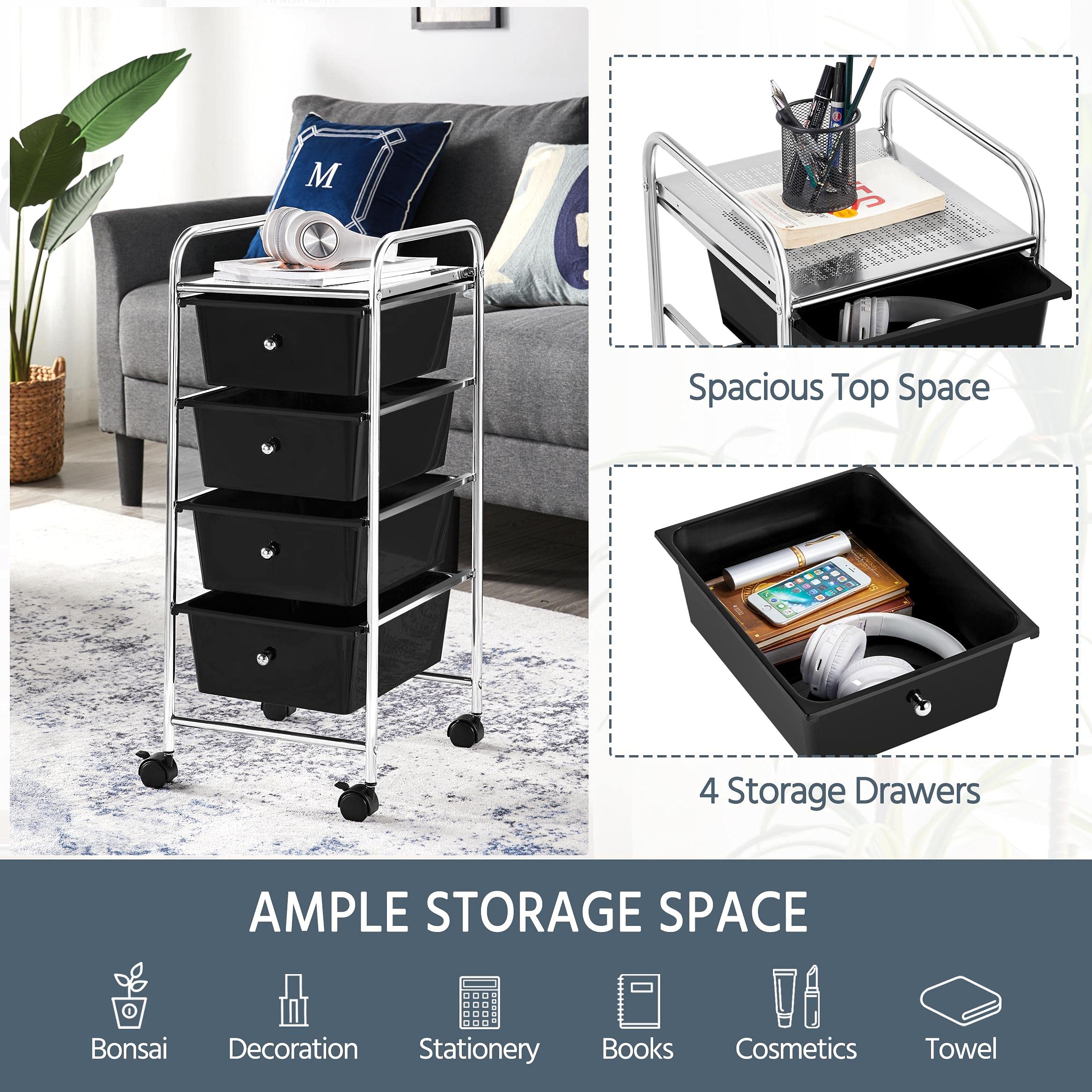 Yaheetech 4-Drawer Rolling Storage Cart with Metal Frame & Plastic Drawers - Mobile Organizer for Kitchen, Bathroom, Office, or Dorm - Black