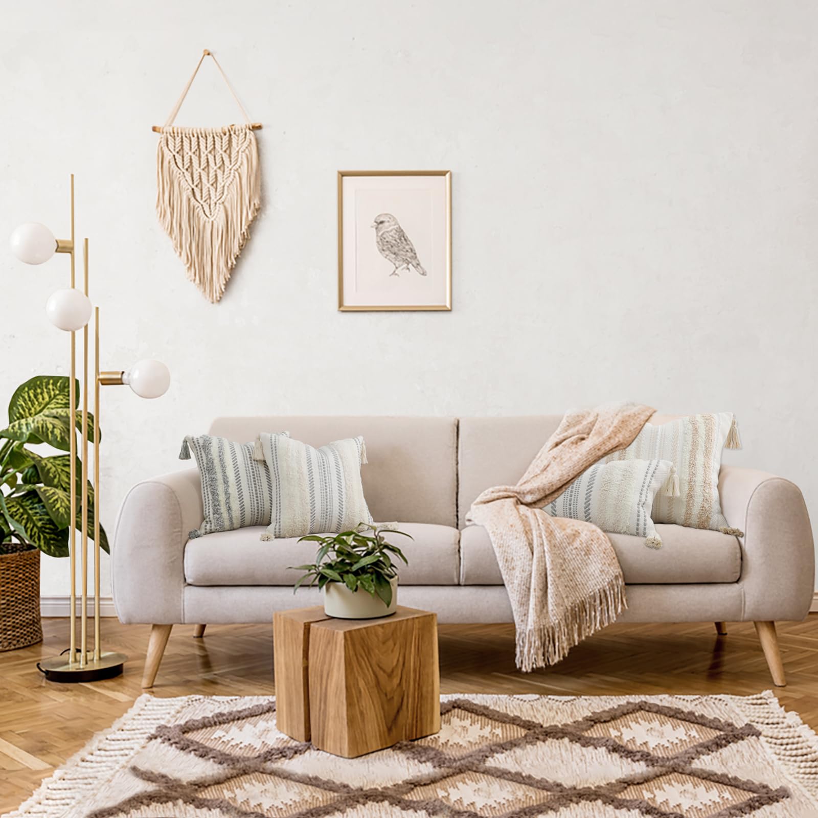 Boho Throw Pillow Covers 20x20 Set of 2 - Neutral Textured Tufted Striped Decorative Cushion Covers for Sofa, Couch, Bed & Living Room - Grey and Cream White - Perfect for Boho Chic, Farmhouse & Modern Home Decor