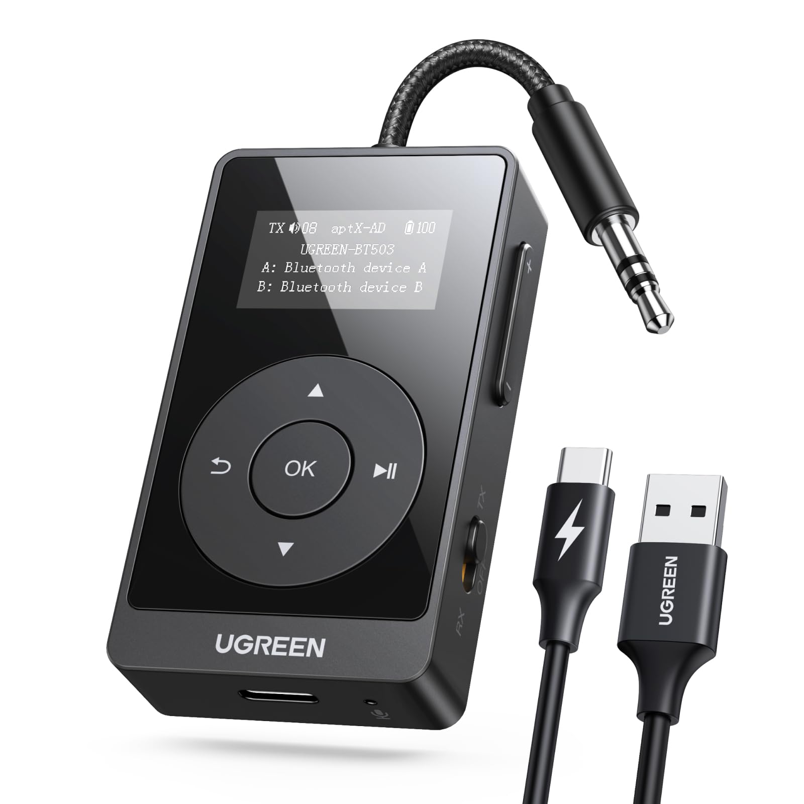 UGREEN Bluetooth 5.3 Transmitter Receiver for Airplane - Dual Pairing for 2 AirPods, AptX Adaptive/HD Audio, 3.5mm Aux Adapter for Wireless Headphones - Perfect for In-Flight Entertainment & Travel Essentials