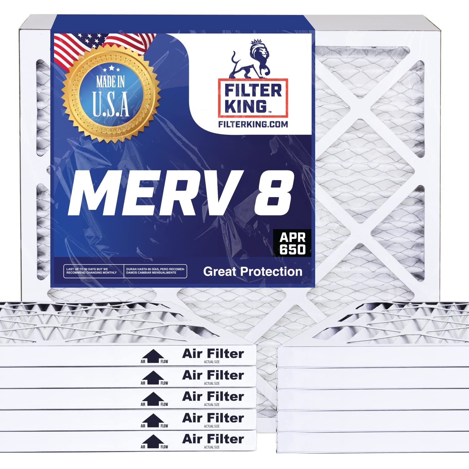 Filter King 10x25x1 MERV 8 HVAC Air Filters - 12-Pack Pleated AC Furnace Replacement Filters for Clean Air | Made in USA | Ideal for Home, Office & Allergy Relief