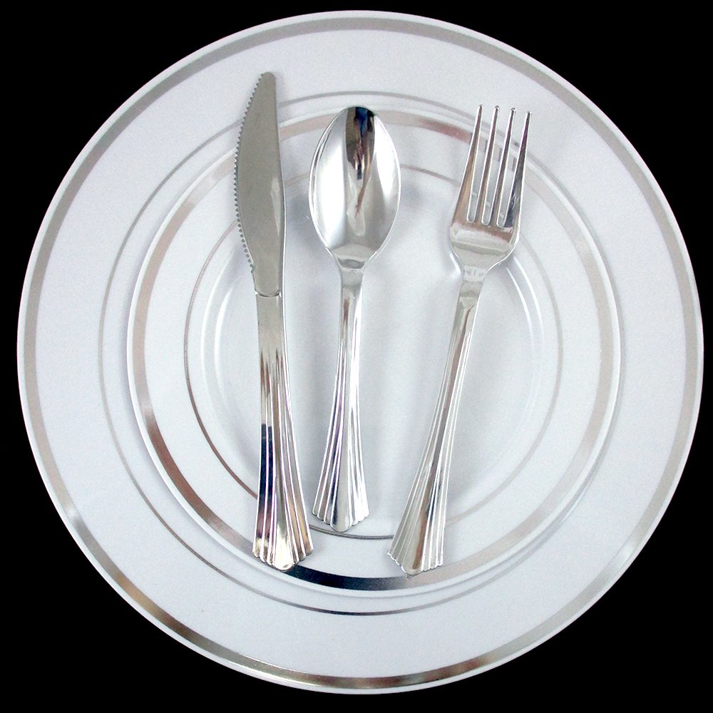 90-Pack Elegant Silver Rim Disposable Plastic Plates - Perfect for Weddings, Parties, and Bulk Dinner Events - Durable & Stylish Tableware for Any Occasion
