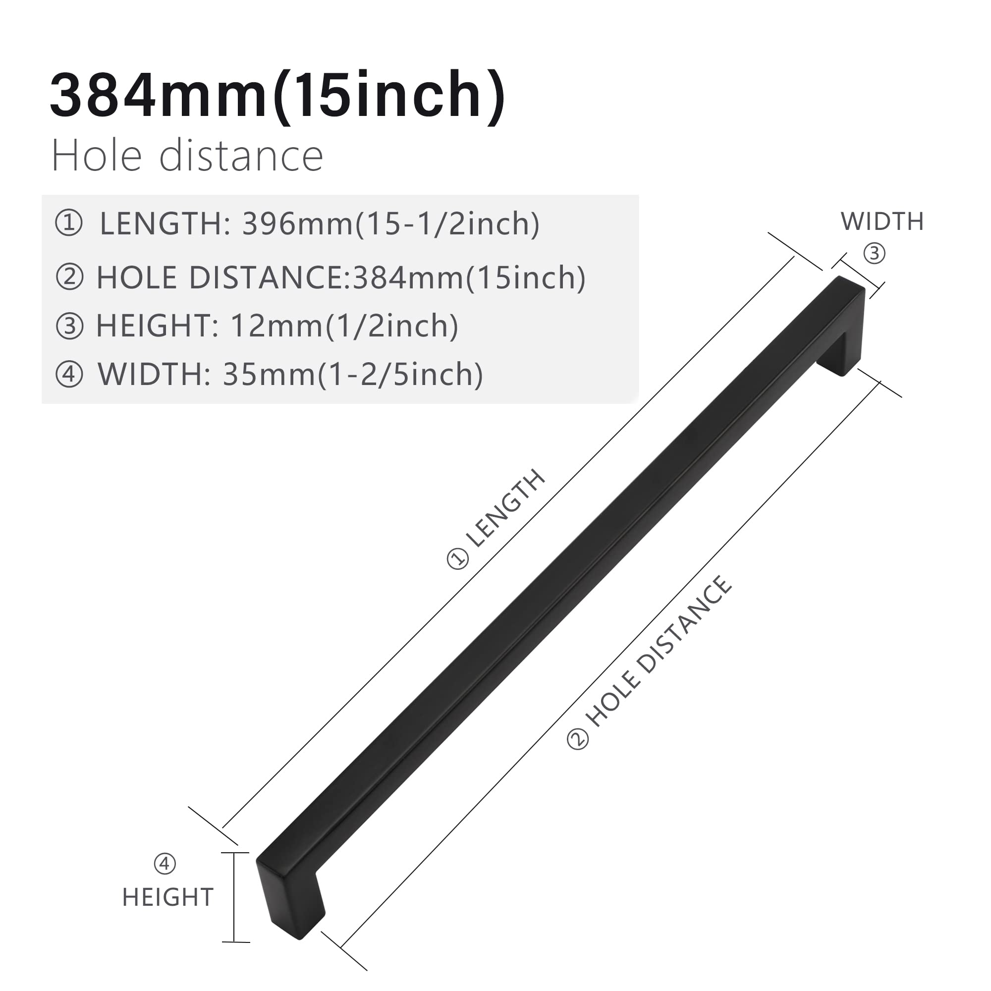 Redunest Matte Black Cabinet Pulls - 2 Pack 15 Inch Stainless Steel Square Drawer Handles for Kitchen Cabinets & Cupboards (384mm Hole Centers) - Perfect for Modern Home & Office Furniture Hardware