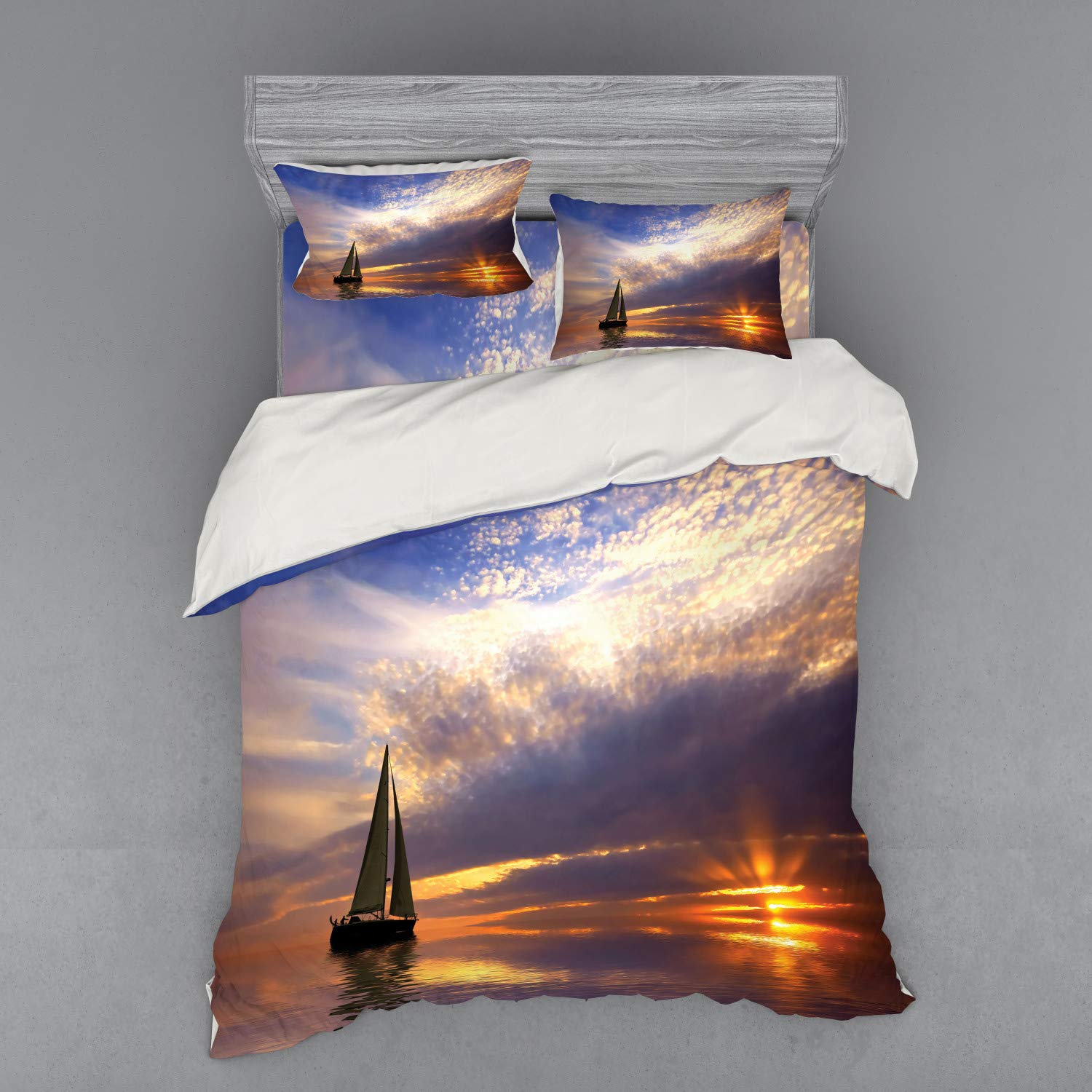 Ambesonne Sailboat Bedding Set - 4 Piece Duvet Cover Set with Shams & Fitted Sheet, Queen Size, Marigold Bluegrey - Nautical Themed Bedroom Decor for Coastal Homes, Beach House, Romantic Honeymoon Suite or Guest Room