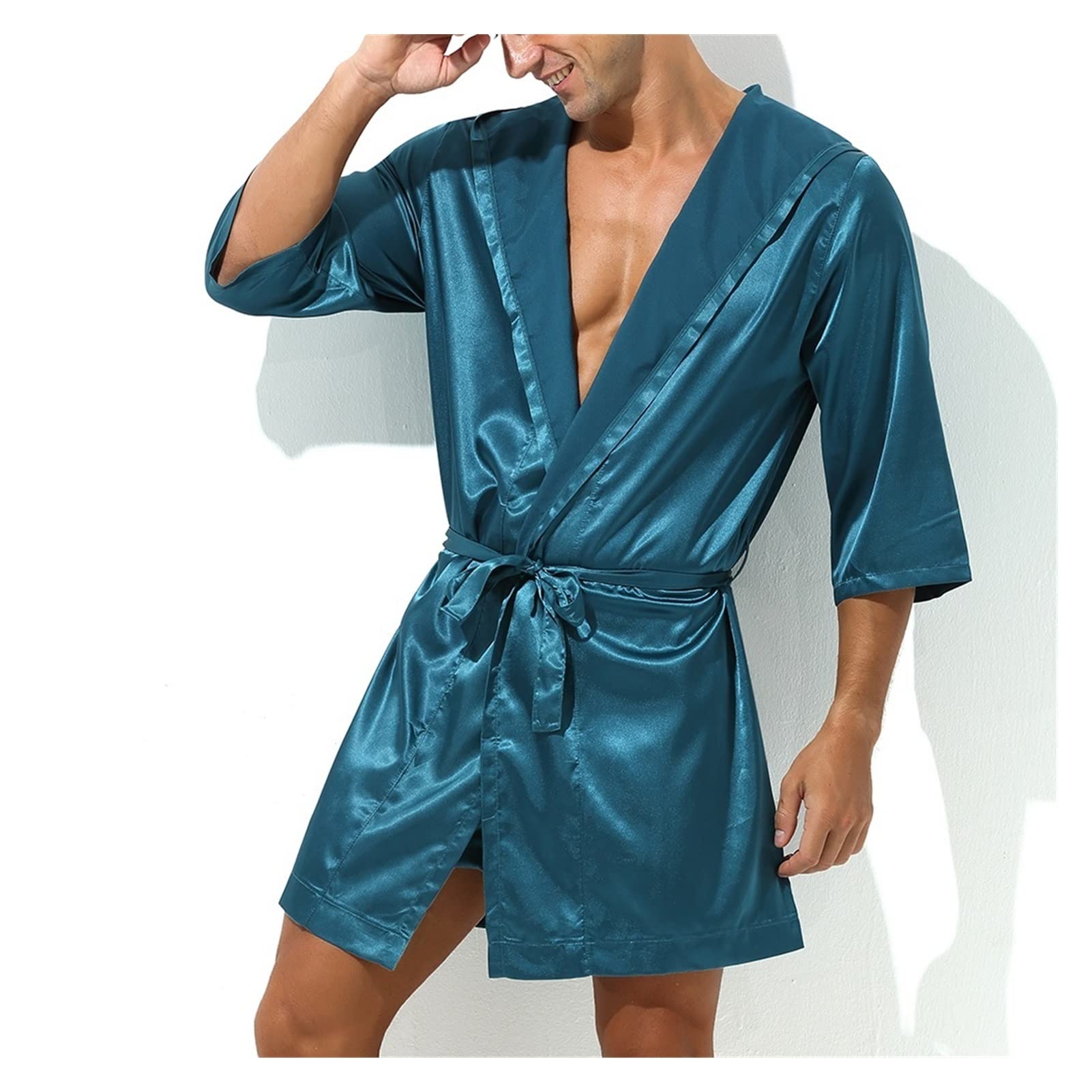 Men's Silk Satin Pajama Set - Short Sleeve Kimono Robe & Lounge Shorts for Sleepwear, Bathrobe & Home Relaxation | Soft Comfortable Nightwear for Spa, Vacation & Bedtime (Color: A, Size: XL)
