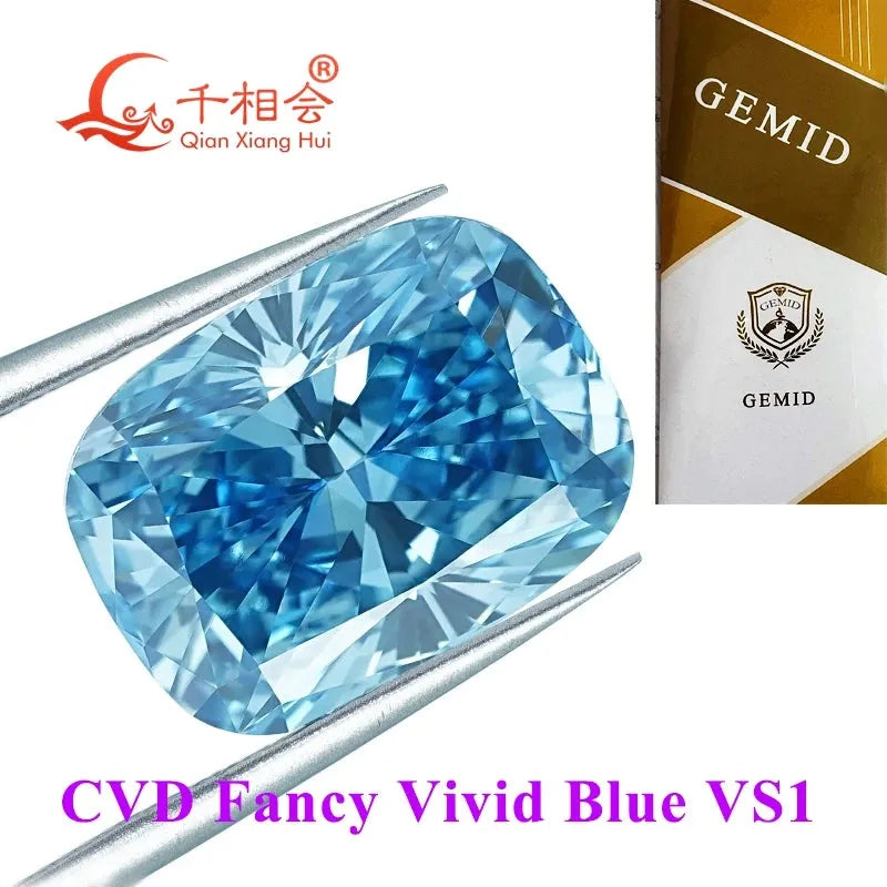 1ct & 2ct CVD Lab Grown Diamond - Fancy Vivid Aqua Blue, VS1 Clarity, Long Cushion Cut, GEMID Certified Loose Stone for Engagement Rings & Jewelry Making