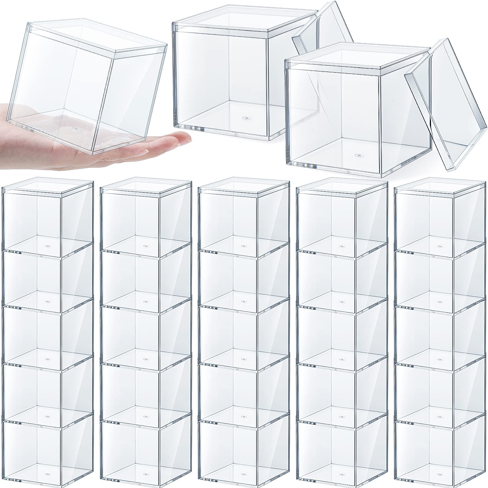 Yulejo 30-Pack Clear Acrylic Storage Boxes with Lids - 3.3 x 3.3 x 3.3 Inch Square Plastic Organizer Containers for Candy, Jewelry, Crafts, Office & Home Organization - Stackable Display Boxes for Retail, Beads, Makeup & Small Items Storage