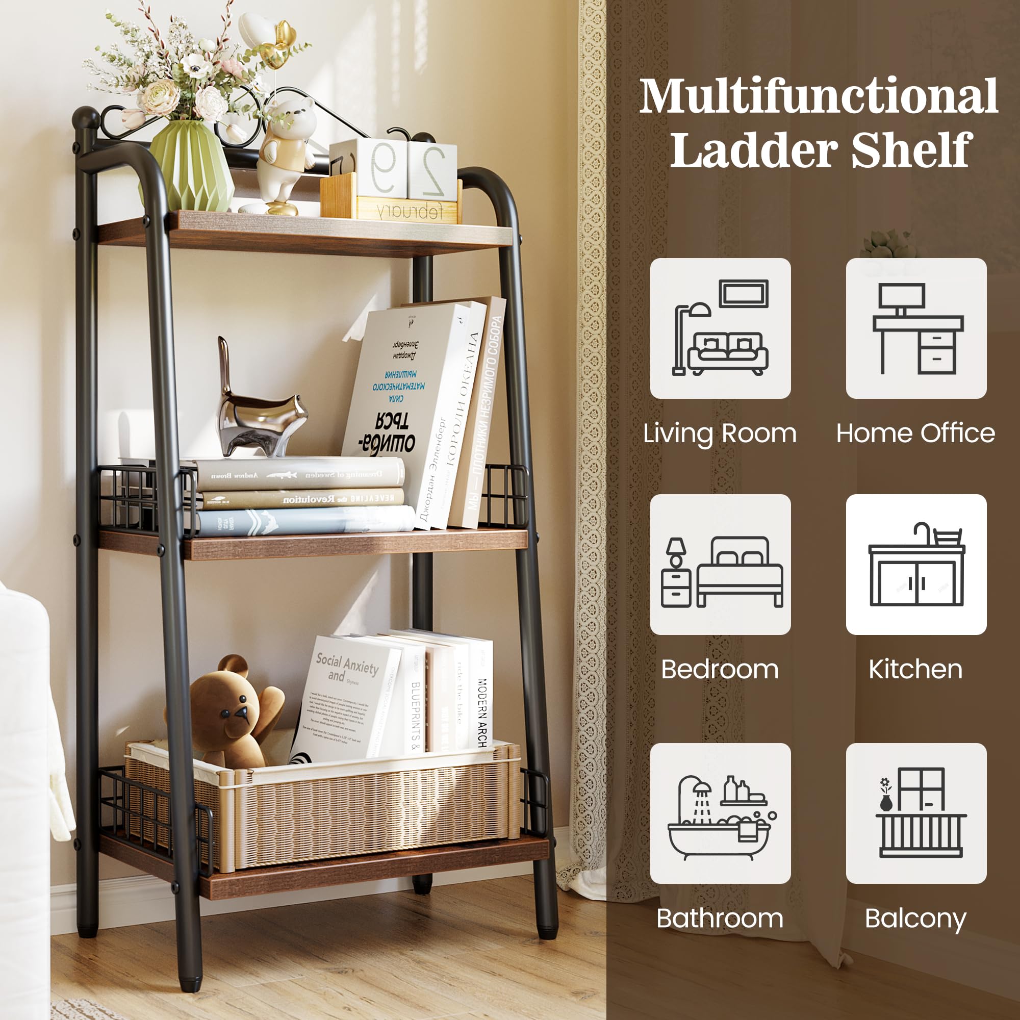 GARVEE 3-Tier Bathroom Ladder Shelf - Freestanding Storage Organizer for Small Spaces - Perfect for Bathroom, Living Room, Balcony & Kitchen - Space-Saving Home Decor Solution