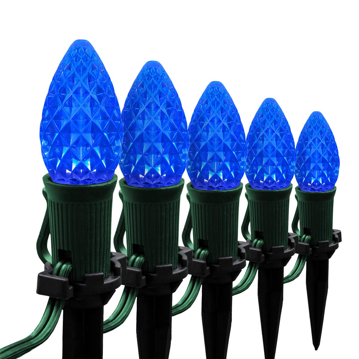 50’ OptiCore LED C7 Blue Christmas Pathway Lights - Outdoor Waterproof Landscape Lighting with 4.5” Stakes & Green Wire - Perfect for Holiday Decorations, Garden Walkways, and Patio Lighting