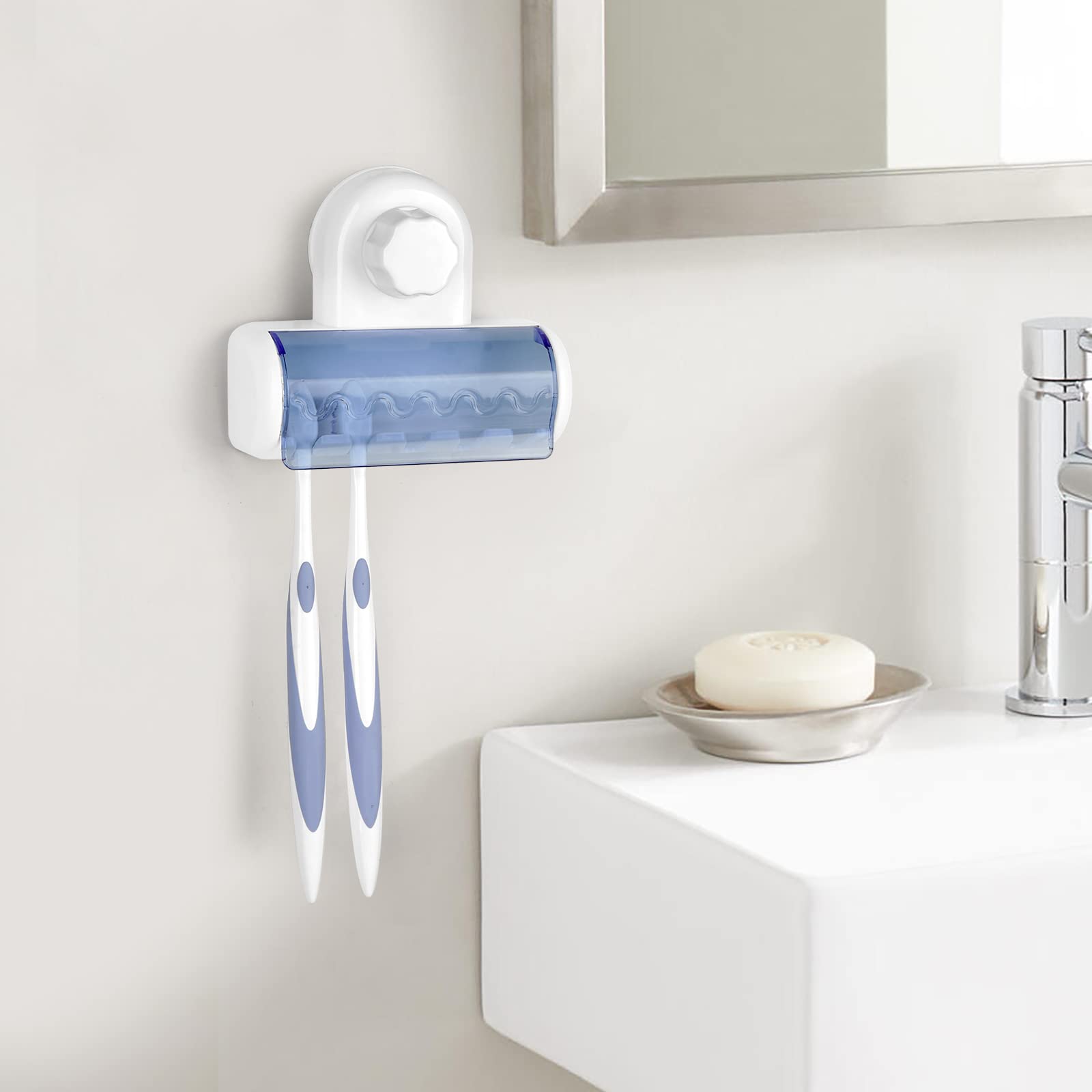 5-Slot Self Adhesive Toothbrush Holder with Cover - Wall Mounted Bathroom Organizer for Shower, Dorm & Cabinet - Space Saving Toothbrush Storage Rack for Home, RV & Travel Use