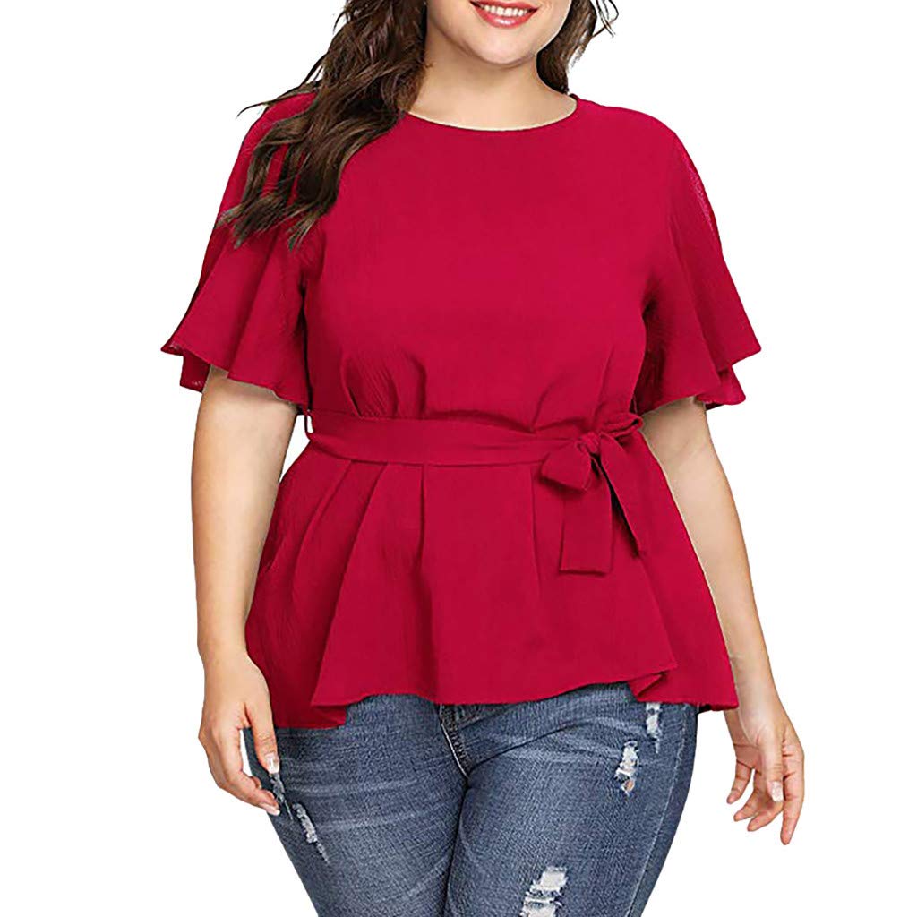 Plus Size Women's Belted Long Sleeve Blouse - Knot Front Solid Color Tunic Top for Casual & Office Wear