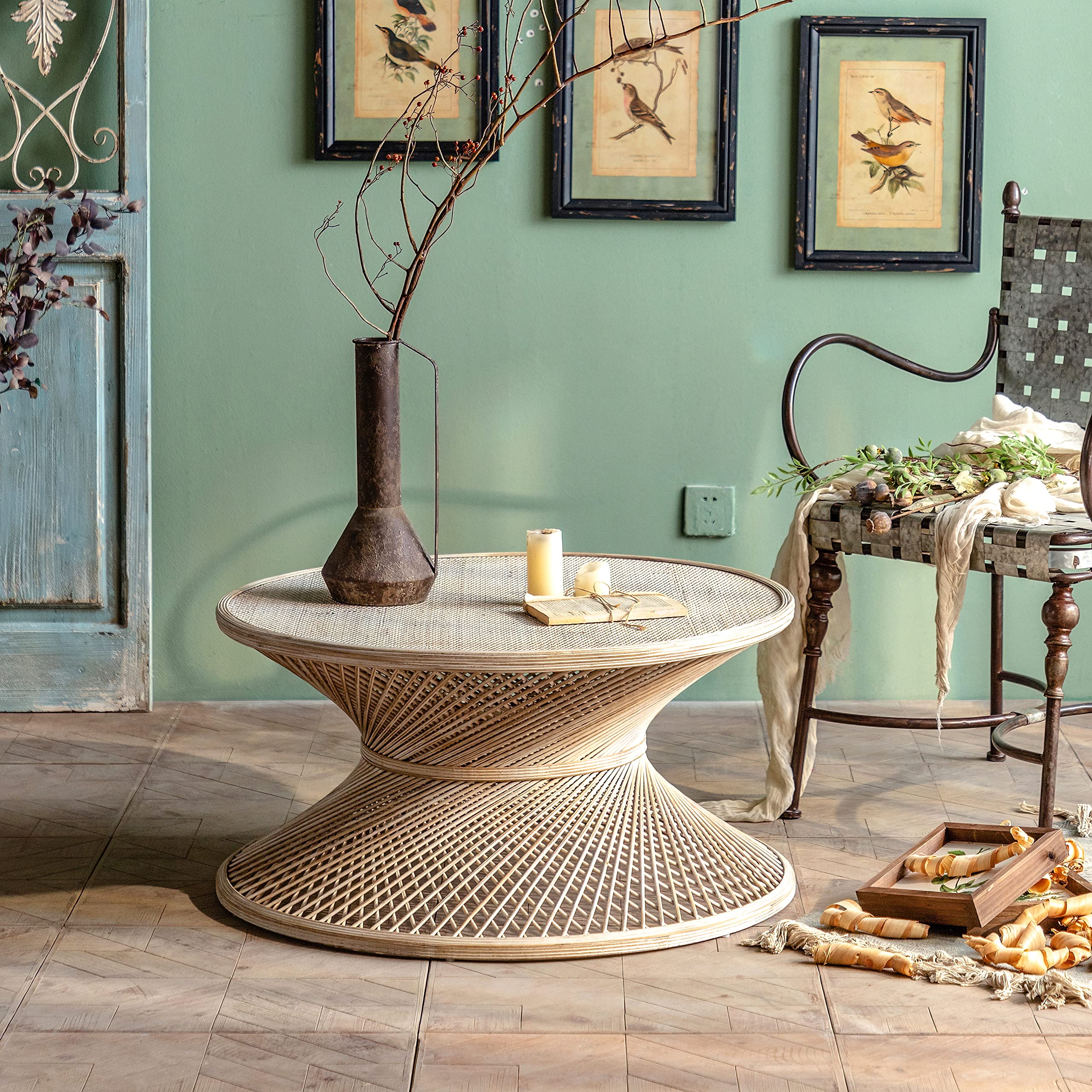Round Rattan Coffee Table - Natural Woven Rattan End Table for Living Room, Patio, or Indoor Decor - Perfect for Coffee, Books, and Plants (Table Only)
