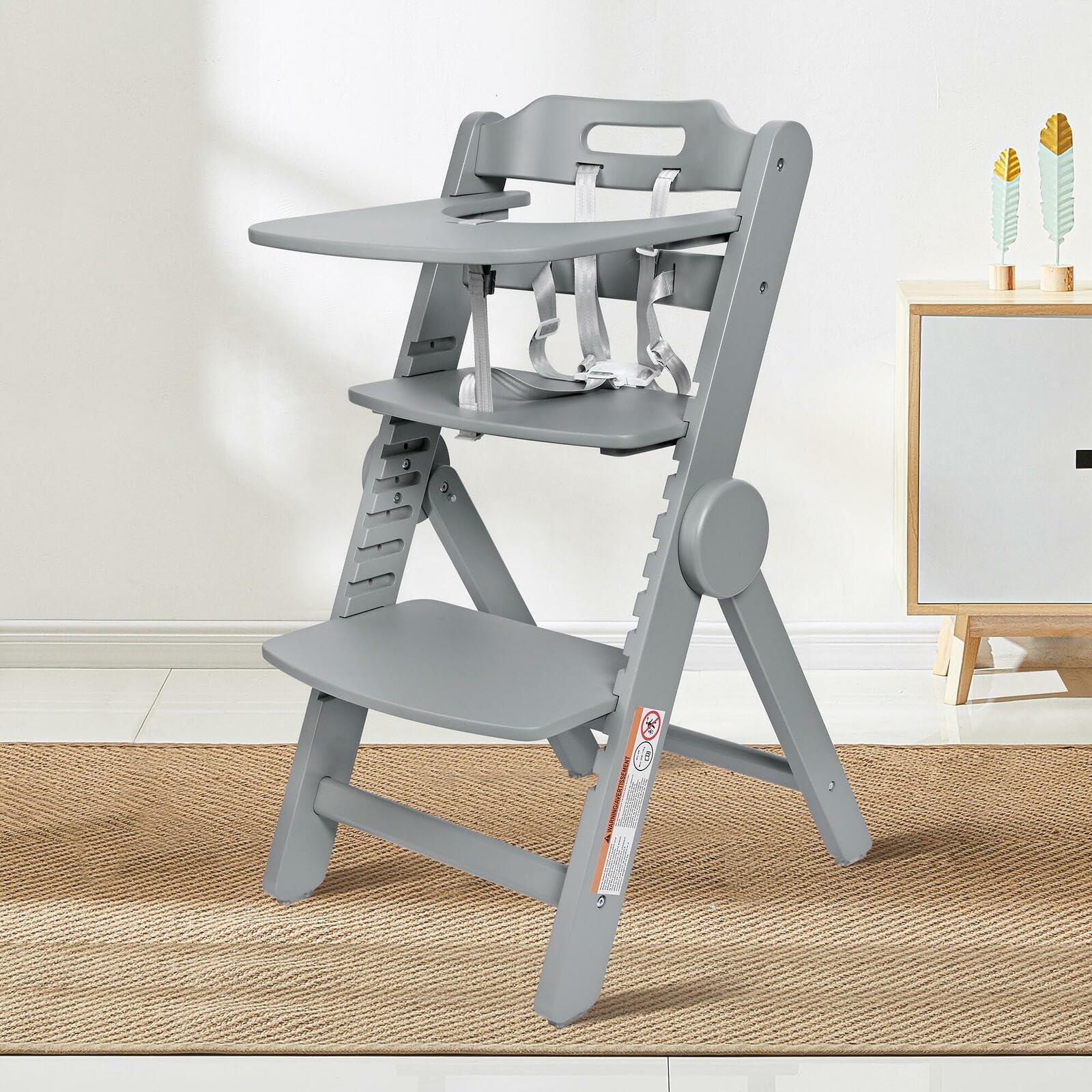 LIVINGbasics Adjustable Wooden High Chair with Removable Tray - Safe Baby Dining Chair for Toddlers & Kids - Perfect for Study, Mealtime & Step Stool Use at Home