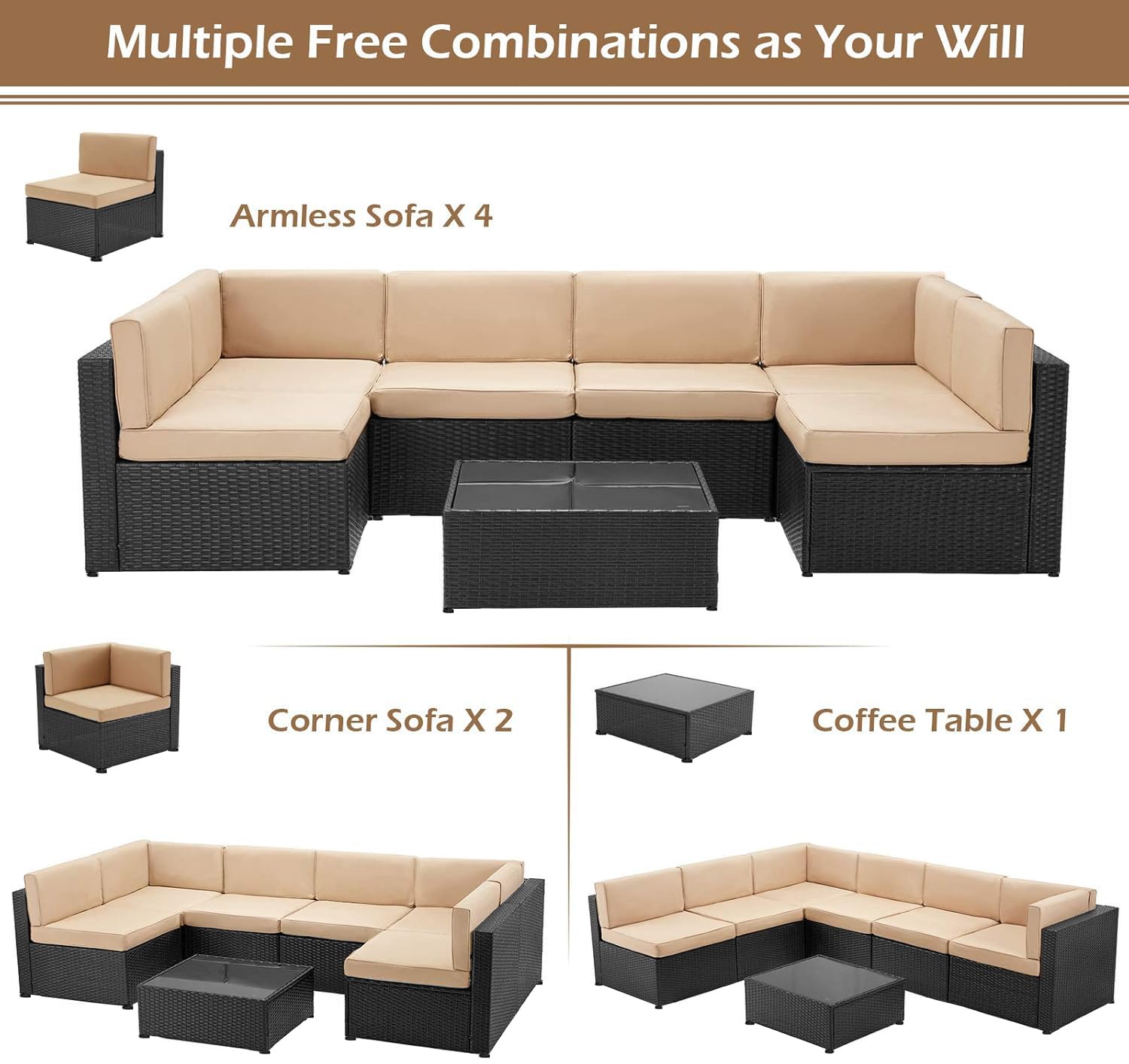 U-MAX 7-Piece Outdoor Patio Furniture Set - PE Rattan Wicker Sectional Sofa with Cushions & Coffee Table (Black Rattan & Beige Cushion) - Perfect for Garden, Backyard, Poolside & Patio Relaxation
