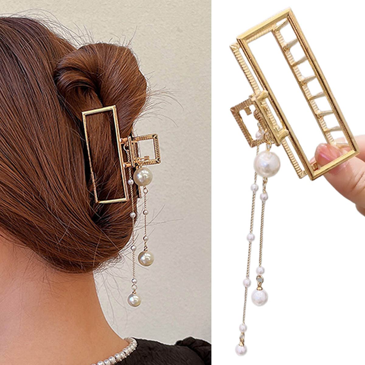 Acenail Large Metal Hair Clips with Pearl Tassel - Hollow Hair Claw Clips for Half Bun - Stylish Hair Accessories for Women & Girls (Pack of 1) - Perfect for Thick or Thin Hair, Everyday Wear & Special Occasions