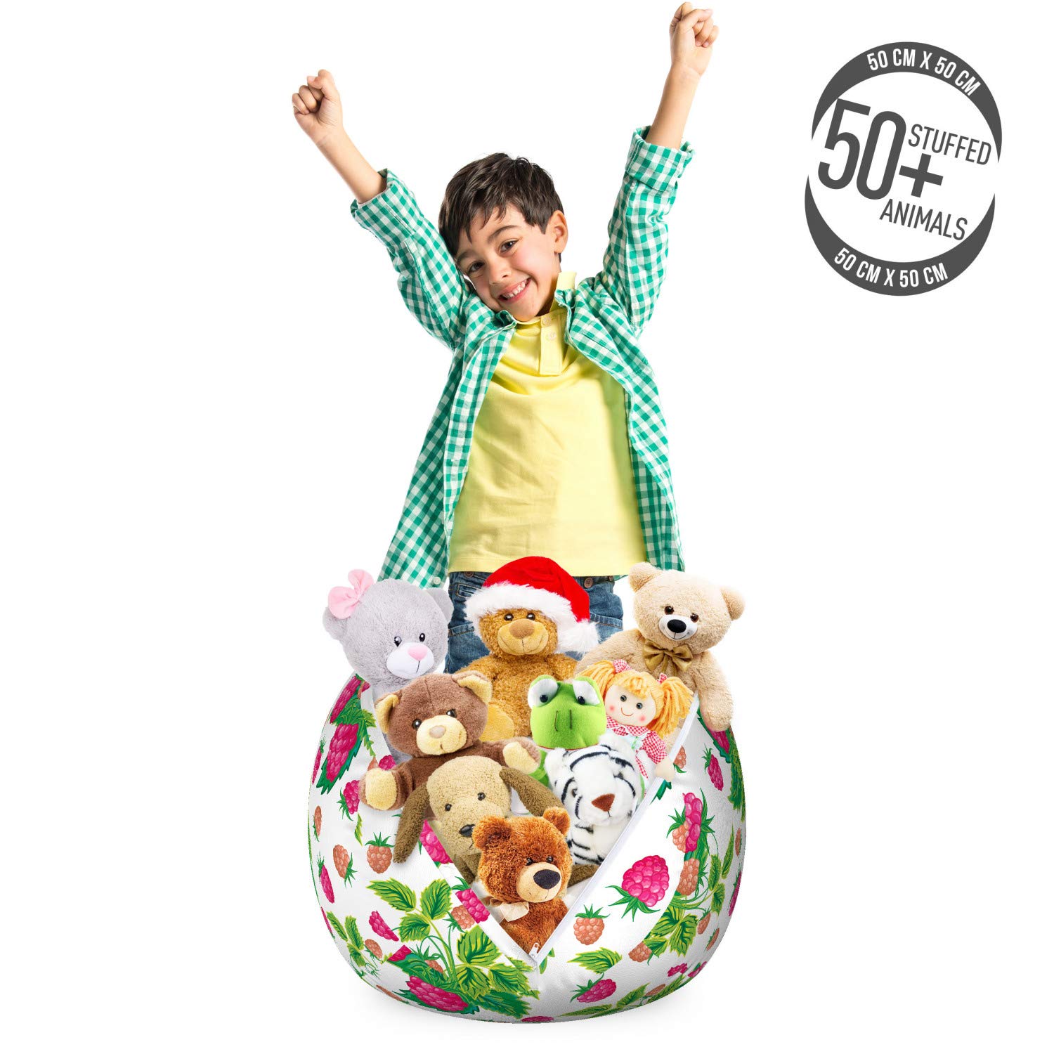 Ambesonne Fruit Storage Toy Bag Chair - Spring Botanical Art Raspberries with Green Leaves, Stuffed Animal Organizer Washable Small Bag in Green & Magenta | Kids Room Decor, Playroom Storage, Nursery Organization