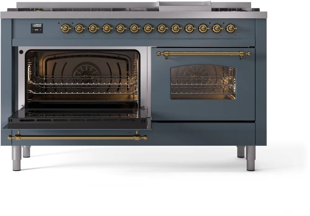 ILVE Nostalgie II 60-Inch Dual Fuel Natural Gas Range - Blue Grey with Brass Trim (UP60FNMPBGG) | Professional Kitchen Appliance for Home Chefs & Cooking Enthusiasts