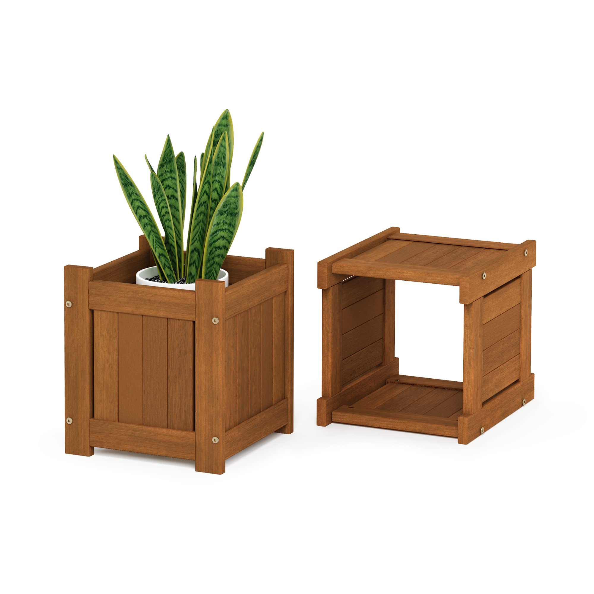 Furinno Tioman Hardwood Mini Outdoor Planter Box with Bench - Rustic Garden Decor for Plants, Flowers & Herbs - Perfect for Patio, Balcony, Backyard & Small Outdoor Spaces