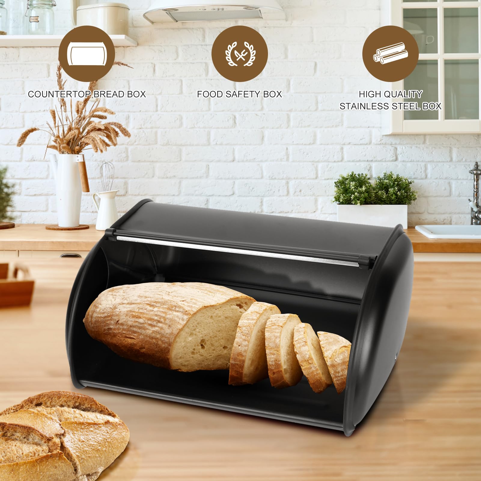 Fingerprint Proof Stainless Steel Bread Box with Roll Up Lid - 15 x 10 x 6 Inches Kitchen Counter Bread Storage Container (Black) | Perfect for Fresh Bread Storage, Countertop Organization & Modern Kitchen Decor