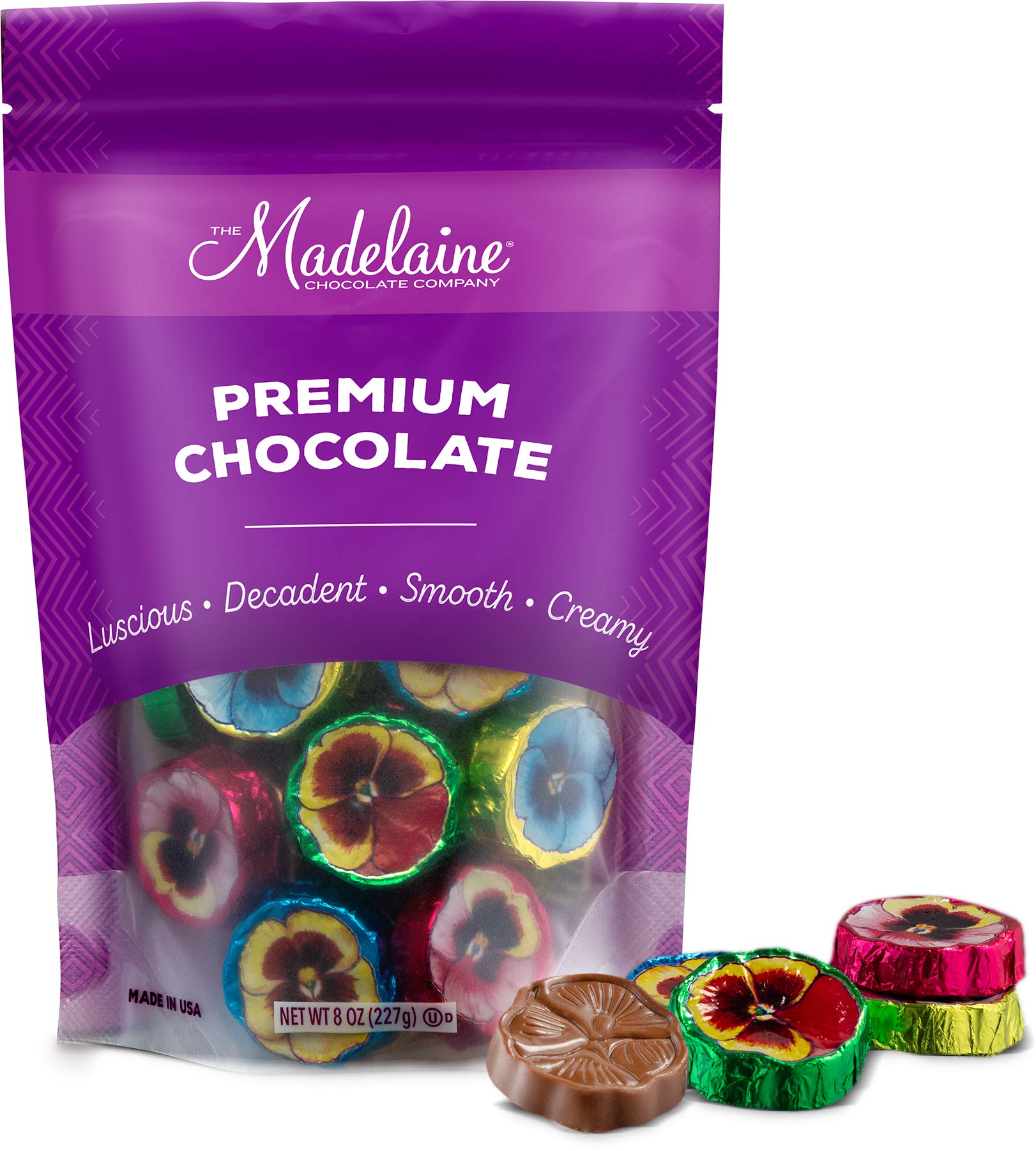 Premium Madelaine Solid Milk Chocolate Pansy Flowers - Handmade Belgian Chocolate Wrapped in Colorful Italian Foil (1/2 LB) - Perfect for Gifts, Weddings & Special Occasions