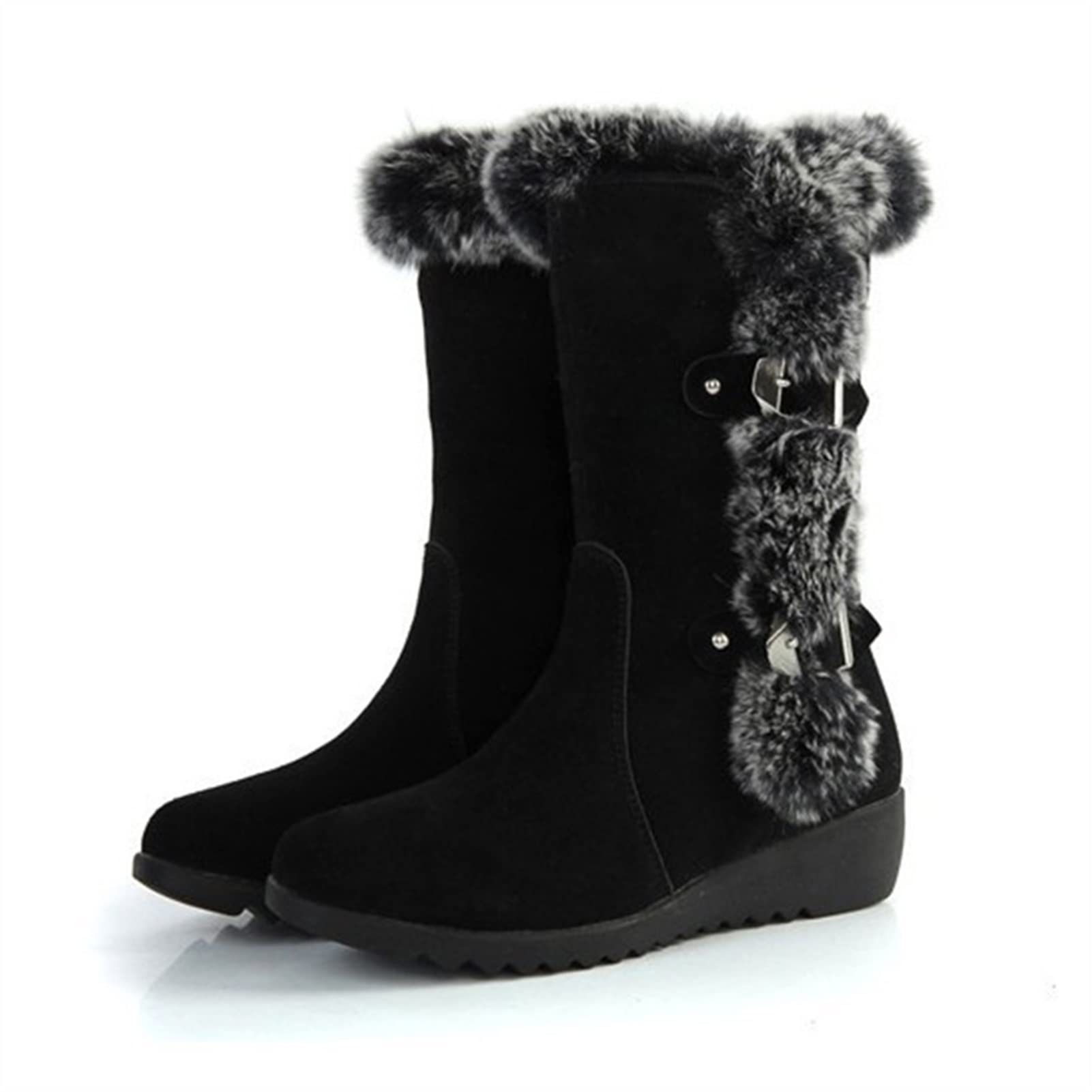 Women's Winter Boots - Warm Fur Lined Mid Calf Snow Boots Slip On Round Toe Wedge Heel Casual Shoes - Size 8 Black - Perfect for Snowy Days, Outdoor Activities & Winter Fashion