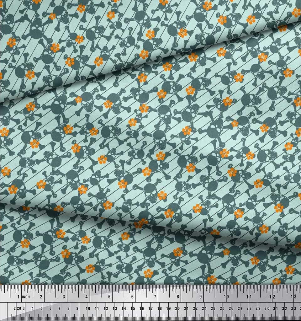 Soimoi Rayon Fabric Diagonal Stripe Cross Bones & Skull Print Fabric - 42 Inch Wide by The Yard - Perfect for Halloween Costumes, DIY Crafts, and Home Decor Projects