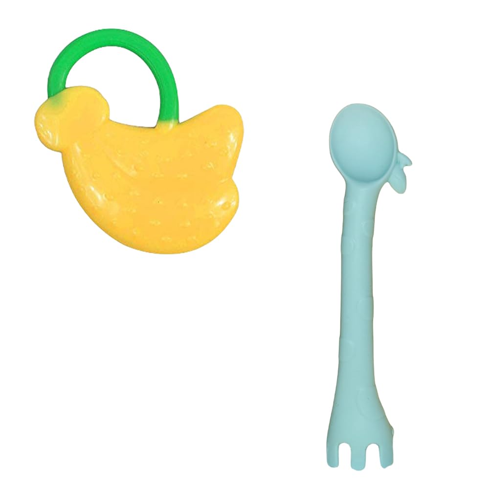 Kritiu Fruits Teether & Spoons Combo Set - BPA-Free Silicone Baby Feeding Utensils for Infants 6+ Months | Soft, Safe & Non-Toxic | Yellow Banana & Sky Blue Colors | Perfect for Baby-Led Weaning, Teething Relief & First Foods
