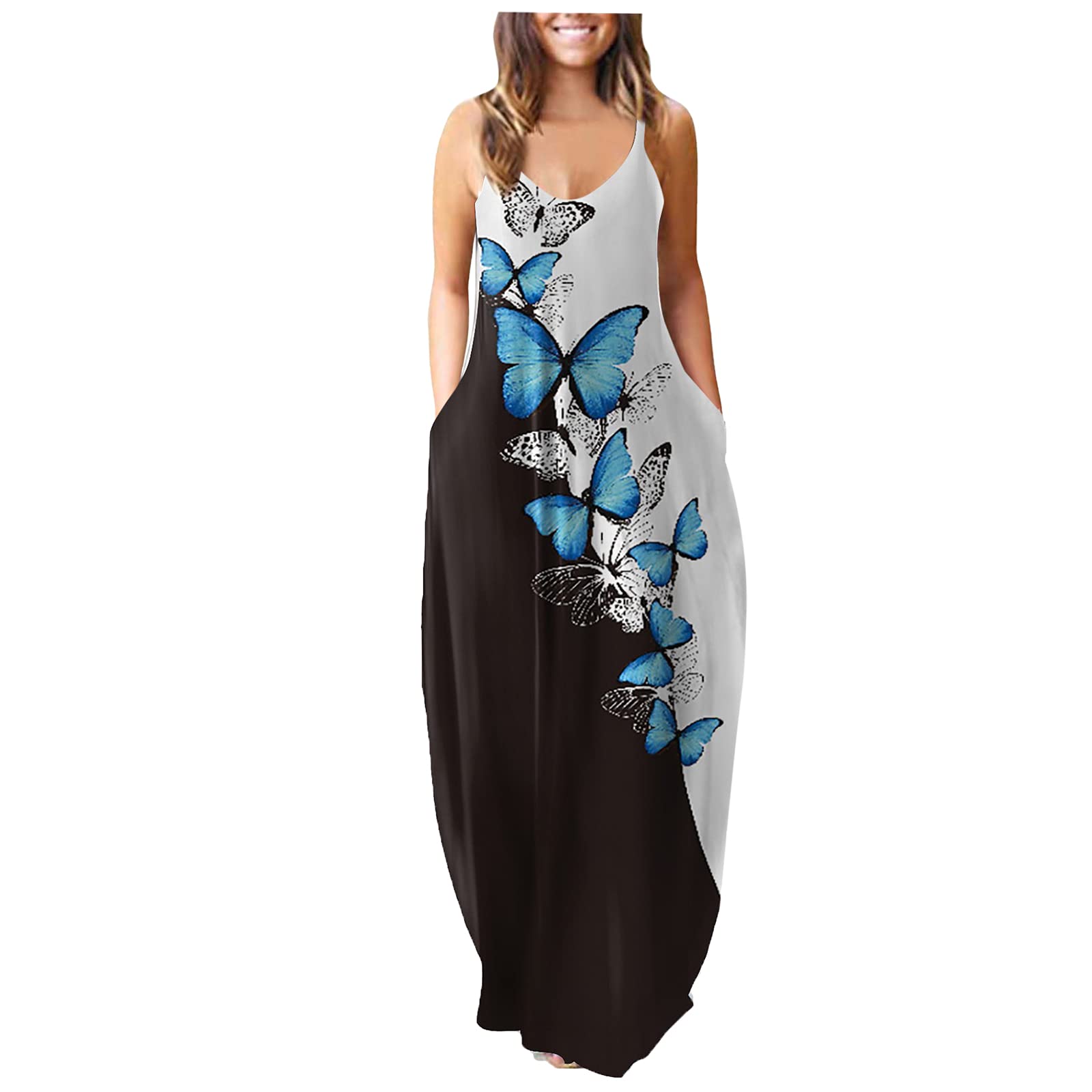 Handyulong Women's Summer Maxi Sundress - Casual Sleeveless V-Neck Boho Long Tank Dress with Pockets | Perfect for Beach Vacations, Outdoor Parties & Summer Getaways