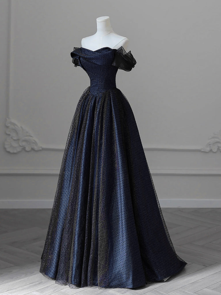 Elegant A-Line Off Shoulder Satin Tulle Dark Blue Long Prom Dress - Formal Evening Gown for Homecoming, Wedding, Ball - Perfect for Special Occasions & Parties