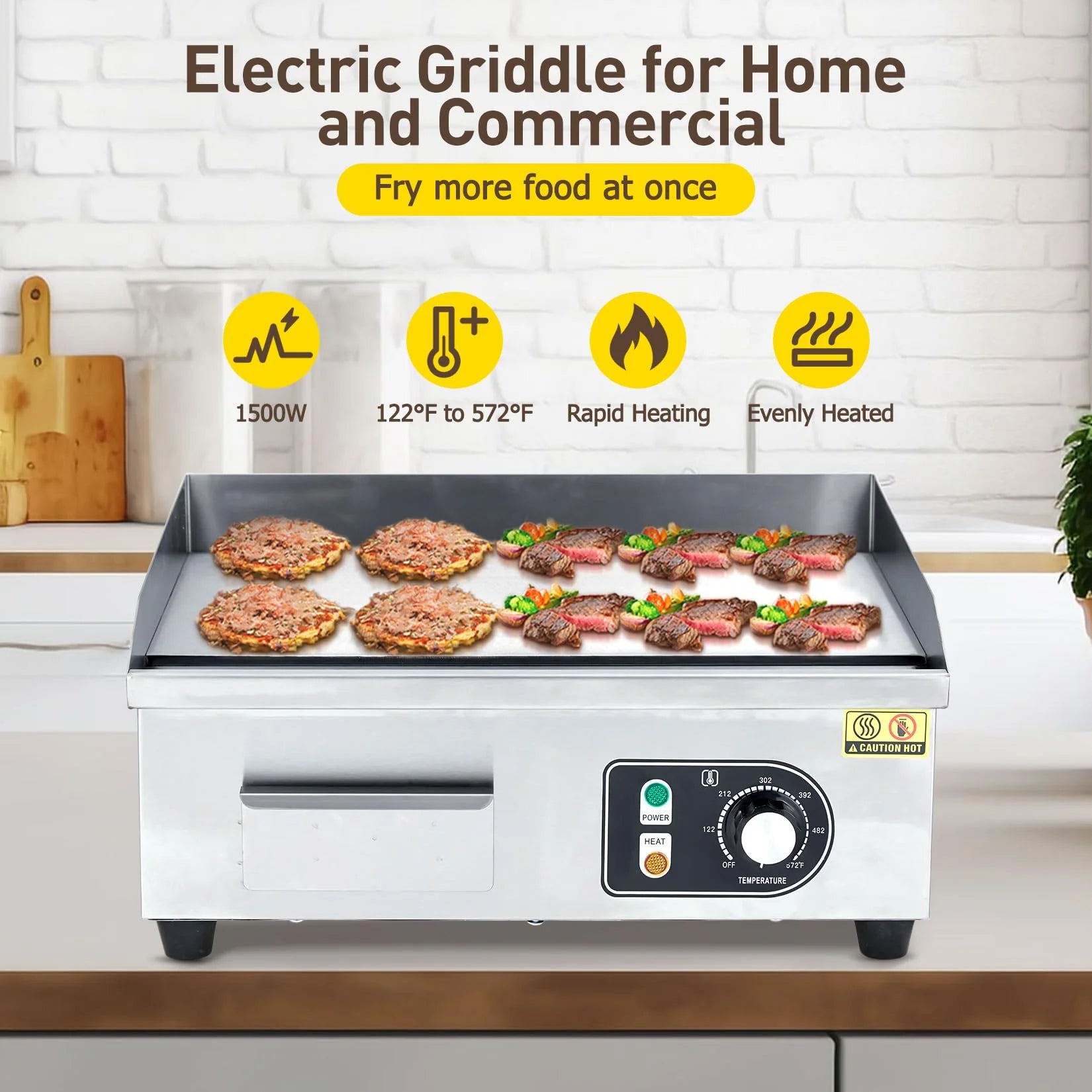 GARVEE 14 Inch Commercial Electric Grill - 1500W Stainless Steel Griddle with Adjustable Temperature (122°F-572°F) - Non-Stick Surface for Home Kitchen & Restaurant Use - Perfect for Indoor BBQ, Pancakes & Burgers (Plug Not Included)