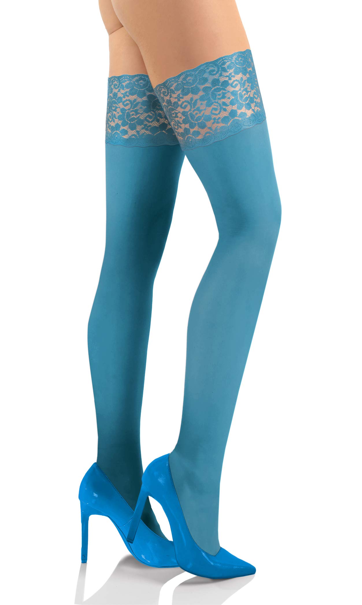 Sesto Senso Women's 50 Denier Opaque Hold Up Stockings - Microfiber Thigh Highs with Sexy Lace Top | Perfect for Date Night, Office Wear & Special Occasions
