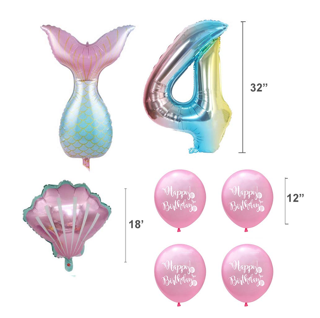 7pcs Mermaid Balloons Number 4 - 1st 2nd 3rd Birthday Party Decorations, Mermaid Tail Themed Party Supplies for Girls - Perfect for Birthday Celebrations, Baby Showers & Themed Events