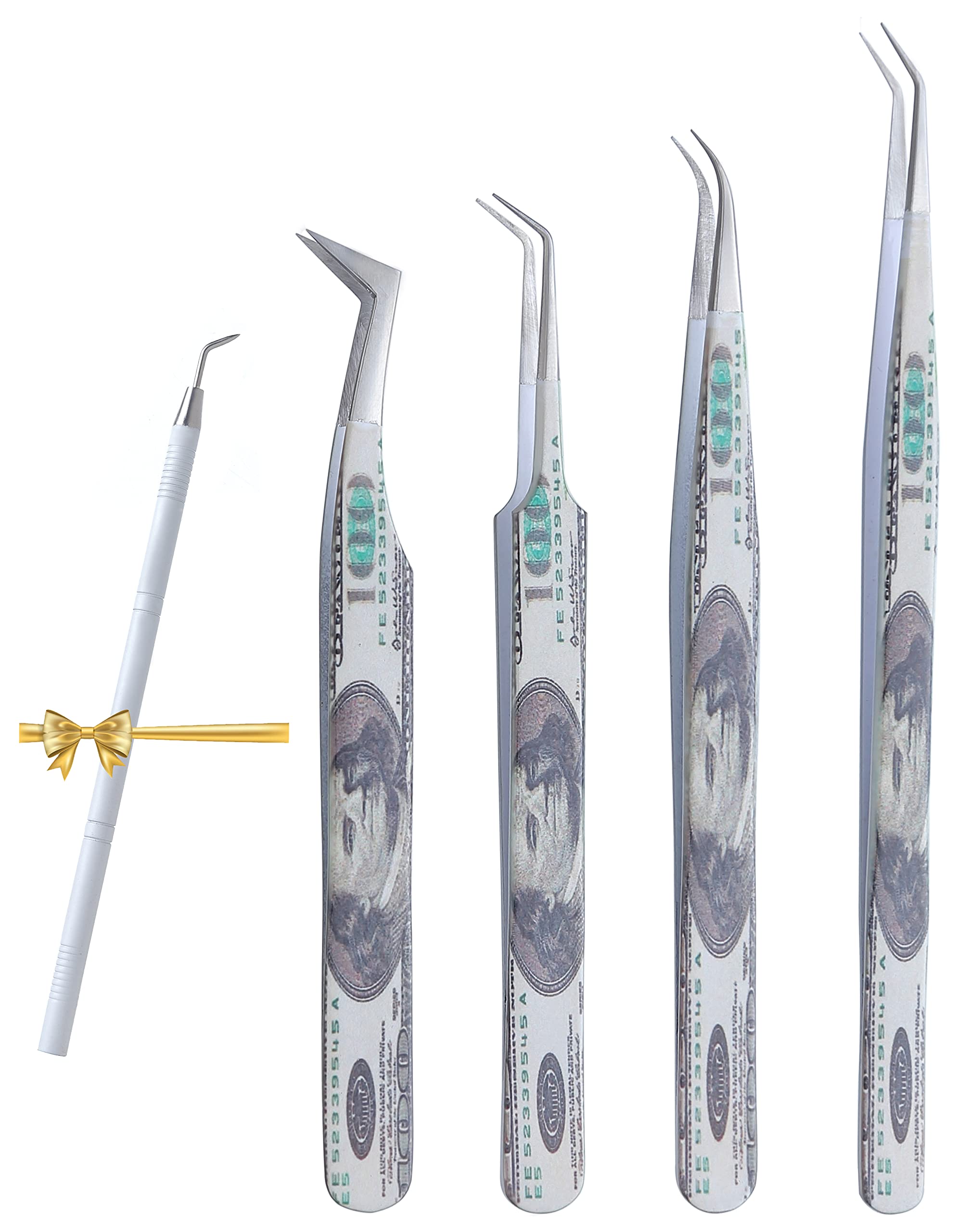 Premium HADIZ 4-Piece Diamond Grip Eyelash Extension Tweezers Set - Japanese Stainless Steel Lash Tools with Dollar Print Design for Professional & Home Use - Perfect for Salon, Spa, DIY Beauty & Makeup Artists