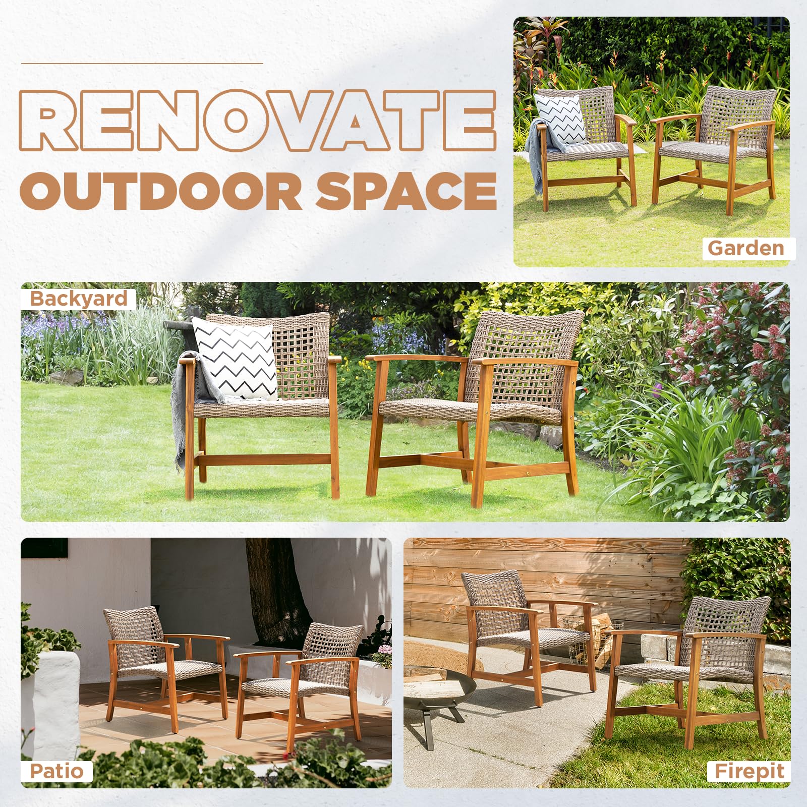 IDZO Liberte 2-Piece Accent Chair Set - 500lbs Weight Capacity, Solid Acacia Wood Frame with FSC-Certified Teak Finish, UV-Resistant Gray Wicker - Perfect for Outdoor Patio, Garden, Poolside & Backyard Relaxation