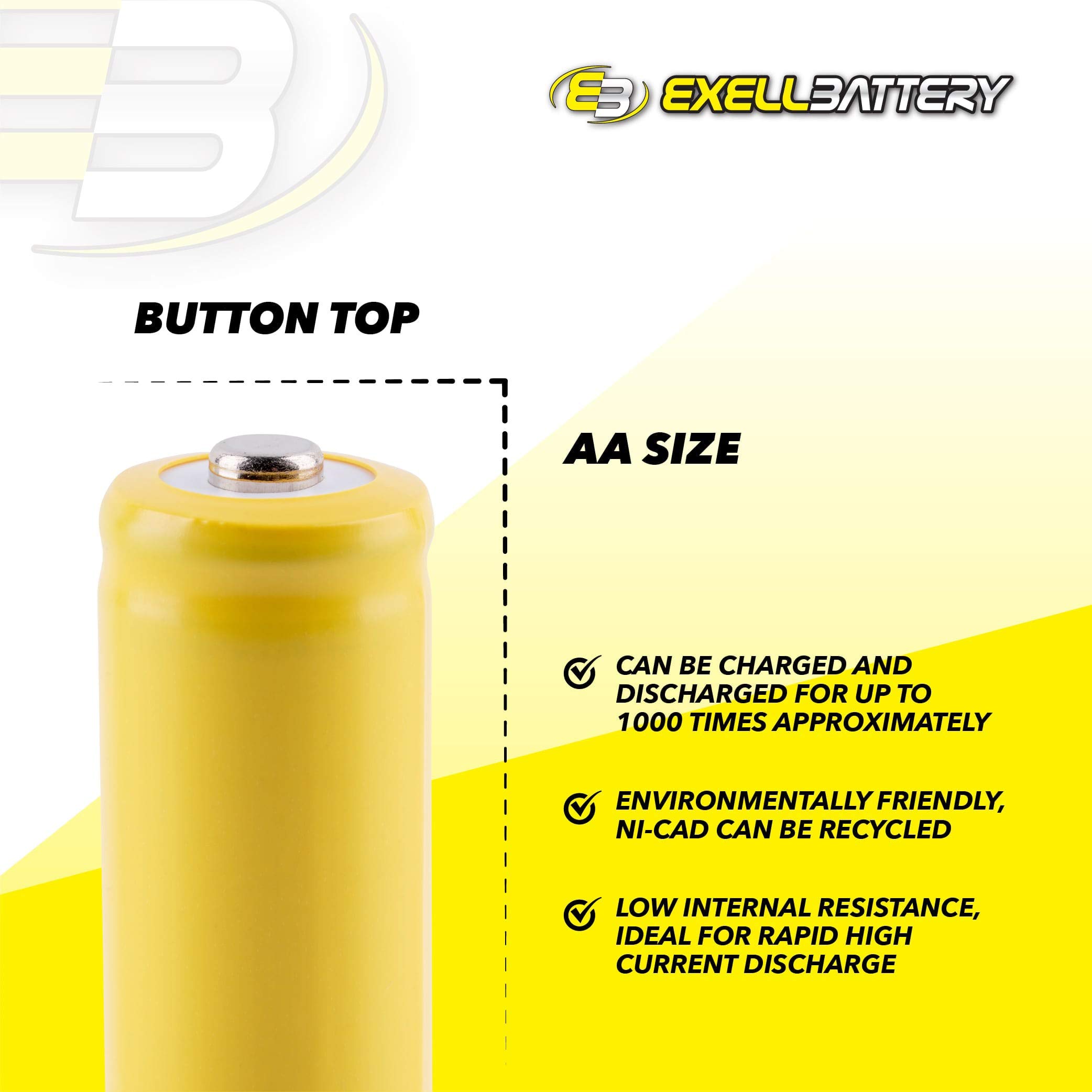 Exell 2-Pack AA 1.2V 1000mAh Ni-Cd Rechargeable Button Top Batteries for Solar Lights, Outdoor & Garden Lights - Perfect for Pathway Lighting, Landscape Illumination & Decorative Solar Lamps