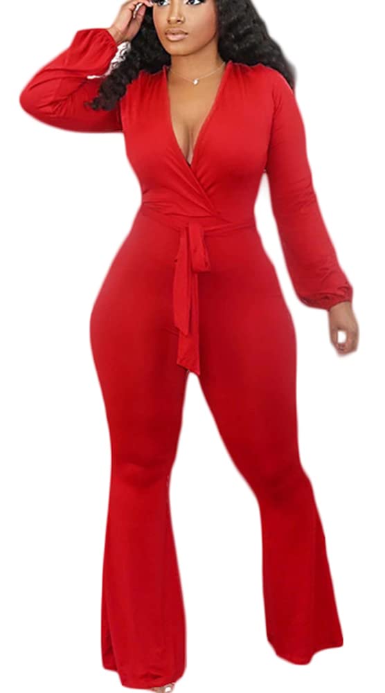 Elegant Women's Jumpsuits with Belt - High Waist Bell Bottom One Piece Outfit - Plus Size Jumper Pantsuit for Work, Party & Casual Wear