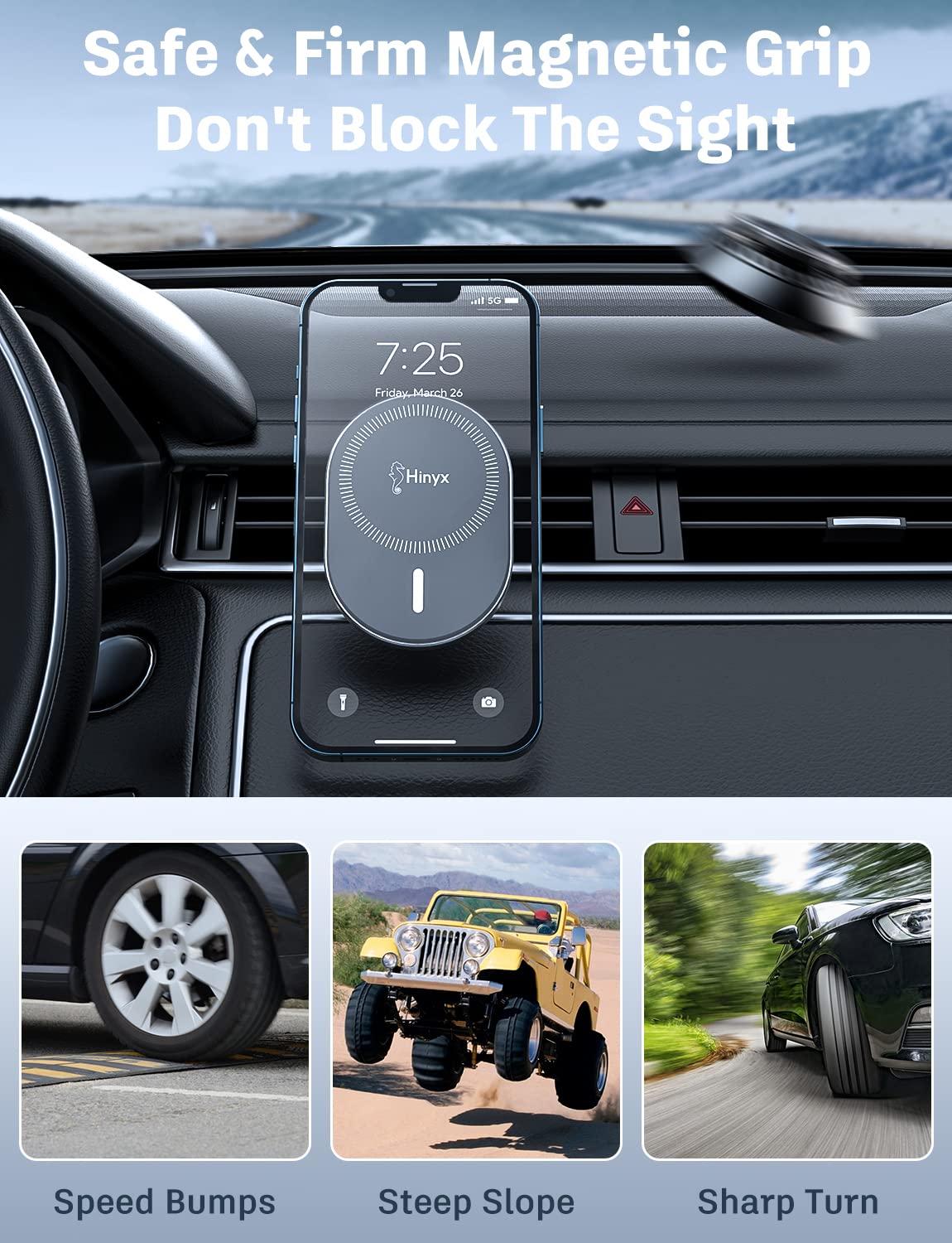 Hinyx MagSafe Car Mount - Strong Magnetic Phone Holder for iPhone 15/14/13/12 Pro Max/Mini/Plus & All Smartphones | Secure Air Vent Installation | Compatible with MagSafe Cases & Metal Rings | Perfect for Safe Driving & Hands-Free Navigation