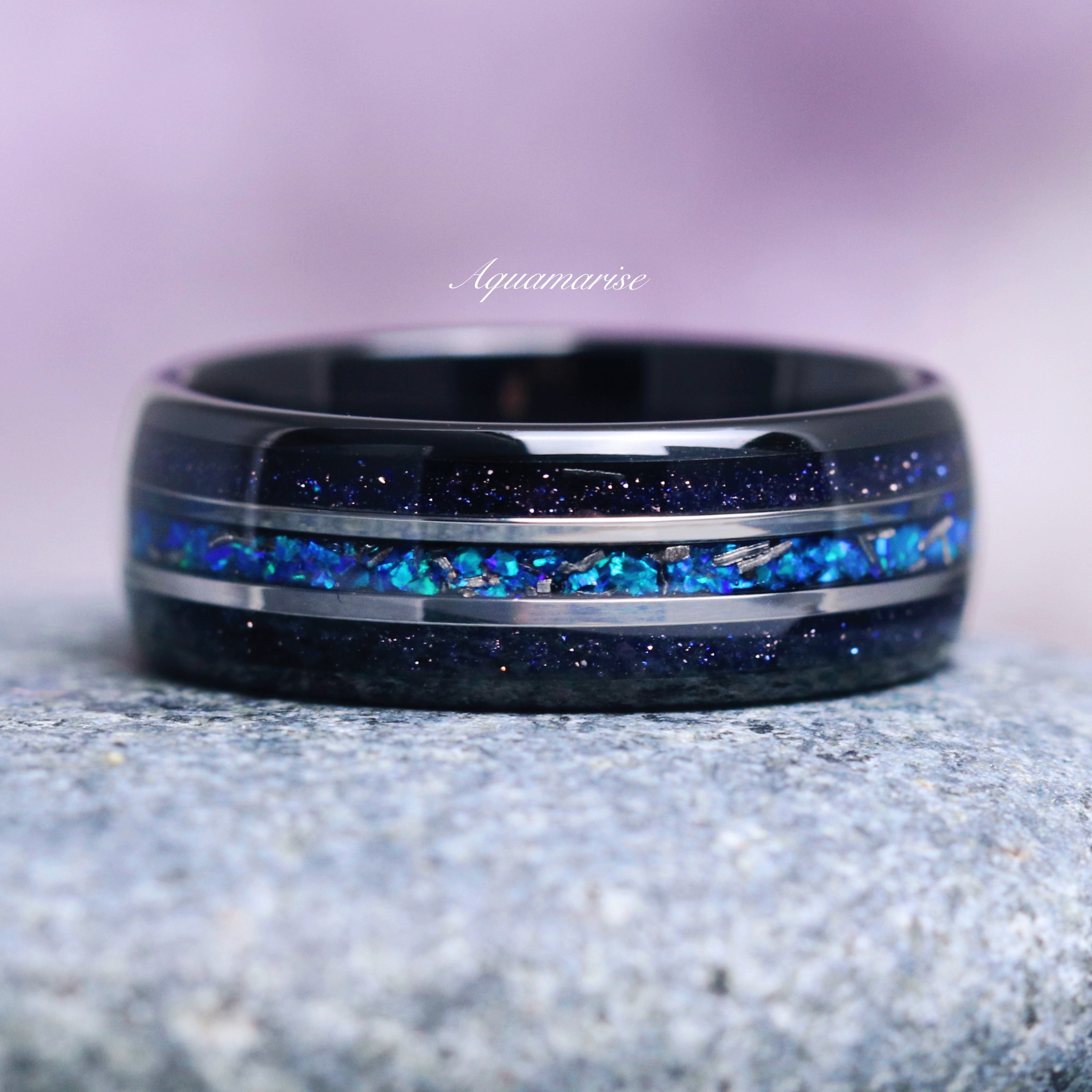 Starry Night Meteorite & Blue Fire Opal Couples Ring - Matching Wedding Bands for Him and Her - Perfect for Anniversaries, Engagements & Romantic Gifts