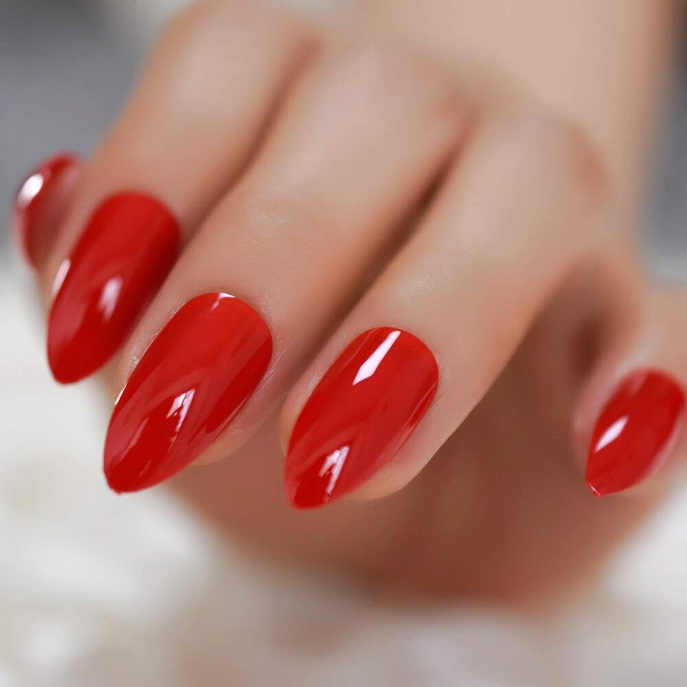 Sharp Stiletto Press On Nails - Bright Red Fake Nails with Glue Sticker | Pointed False Nails Tips for Women | Perfect for Parties, Weddings & Special Occasions