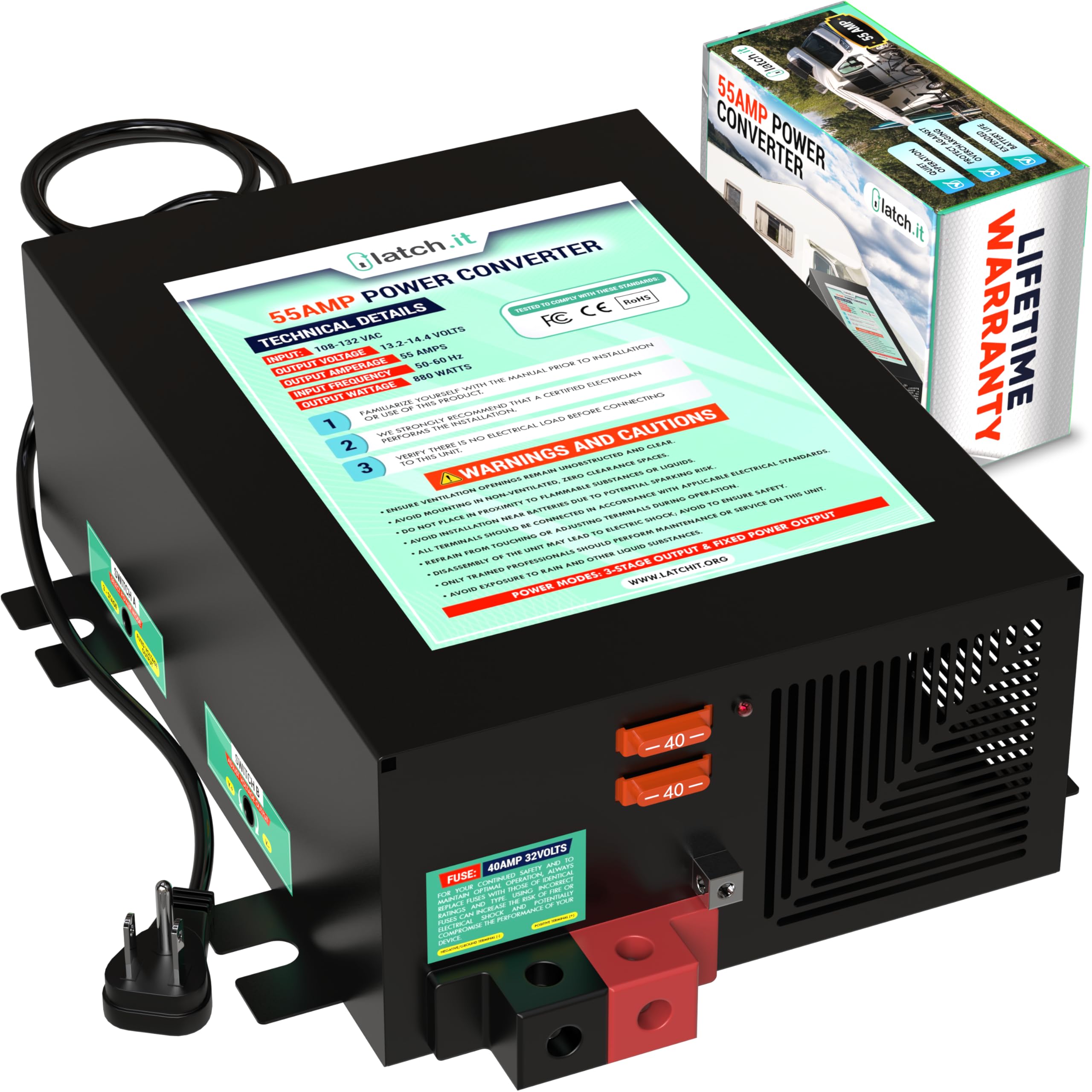 LATCH.IT 55 Amp RV Power Converter | 120VAC to 12VDC Converter Charger | 3-Stage Smart Battery Charger for RV, Travel Trailer, Camper | Adjustable Voltage Power Converter for Lithium, AGM & Lead Acid Batteries | Perfect for Boondocking & Off-Grid Camping
