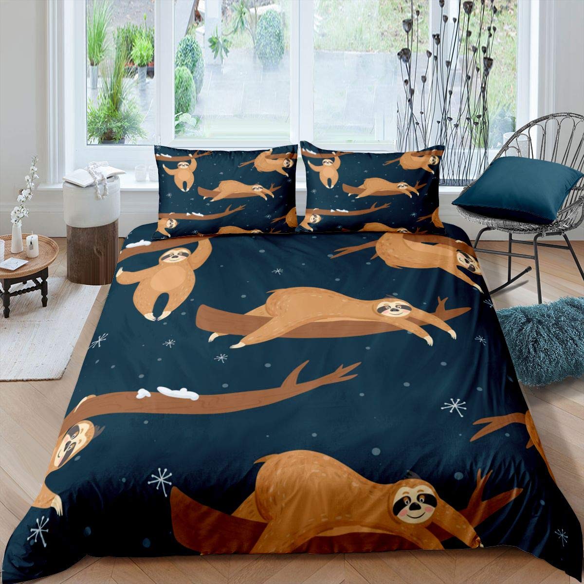 Cute Sloth Duvet Cover Set - Cartoon Animal Themed Comforter Cover with Polka Dots & Snowflake Print - Ultra Soft Bedding for Kids & Adults - Twin Size with Zipper Closure - Perfect for Cozy Bedrooms, Kids' Rooms & Dorm Decor