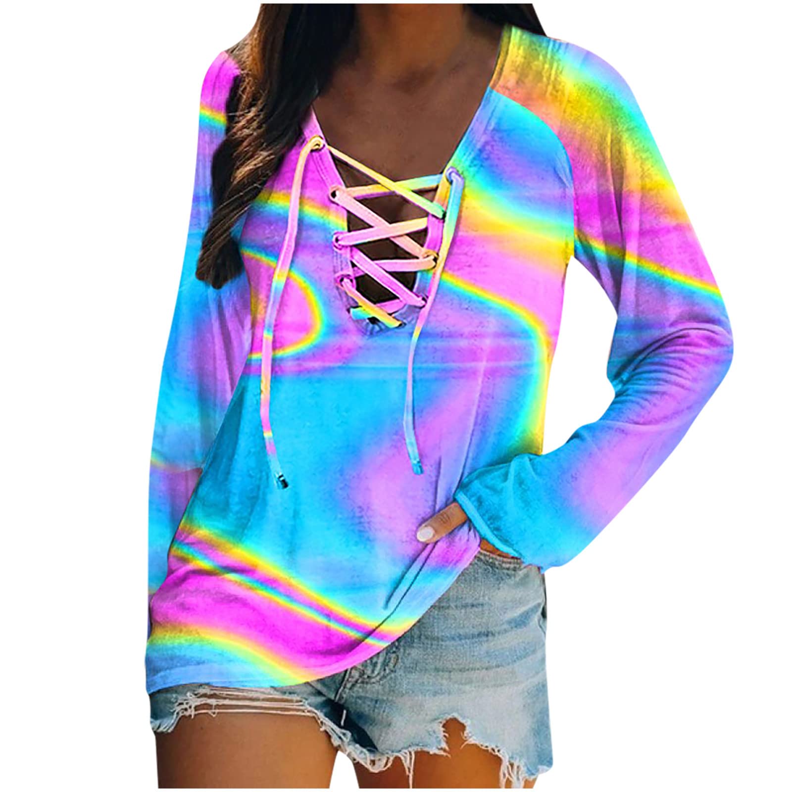 Women's Tie-Dye V-Neck Lace-Up Blouse - Casual Long Sleeve Pullover Tops for Spring & Fall | Boho Chic Loose Fit Tunic for Everyday Wear, Date Nights & Office Outfits
