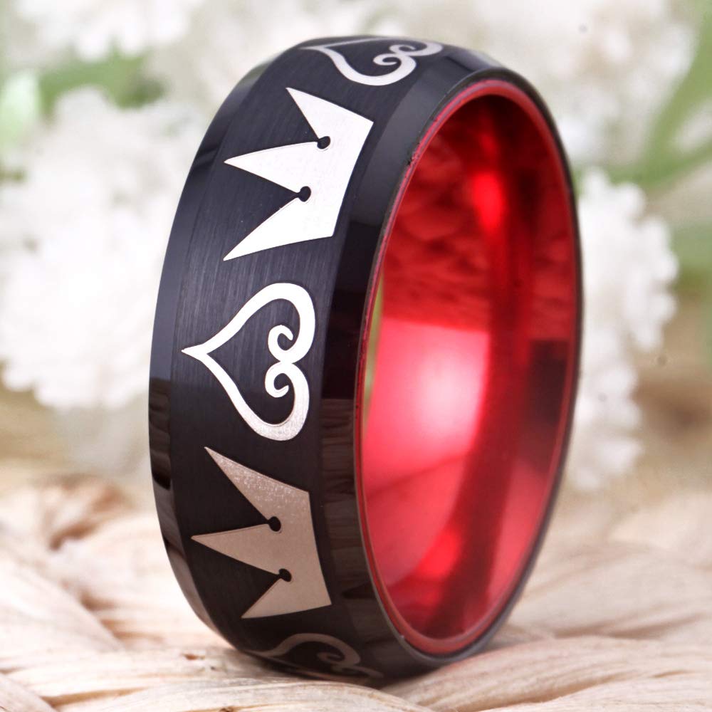 Kingdom Hearts & Crowns Design Cosplay Ring - 8mm Wide Red & Black Tungsten Wedding Band with Matte Finish & Beveled Edges - Free Custom Engraving - Perfect for Cosplay, Role-Playing, Themed Weddings & Gift Giving