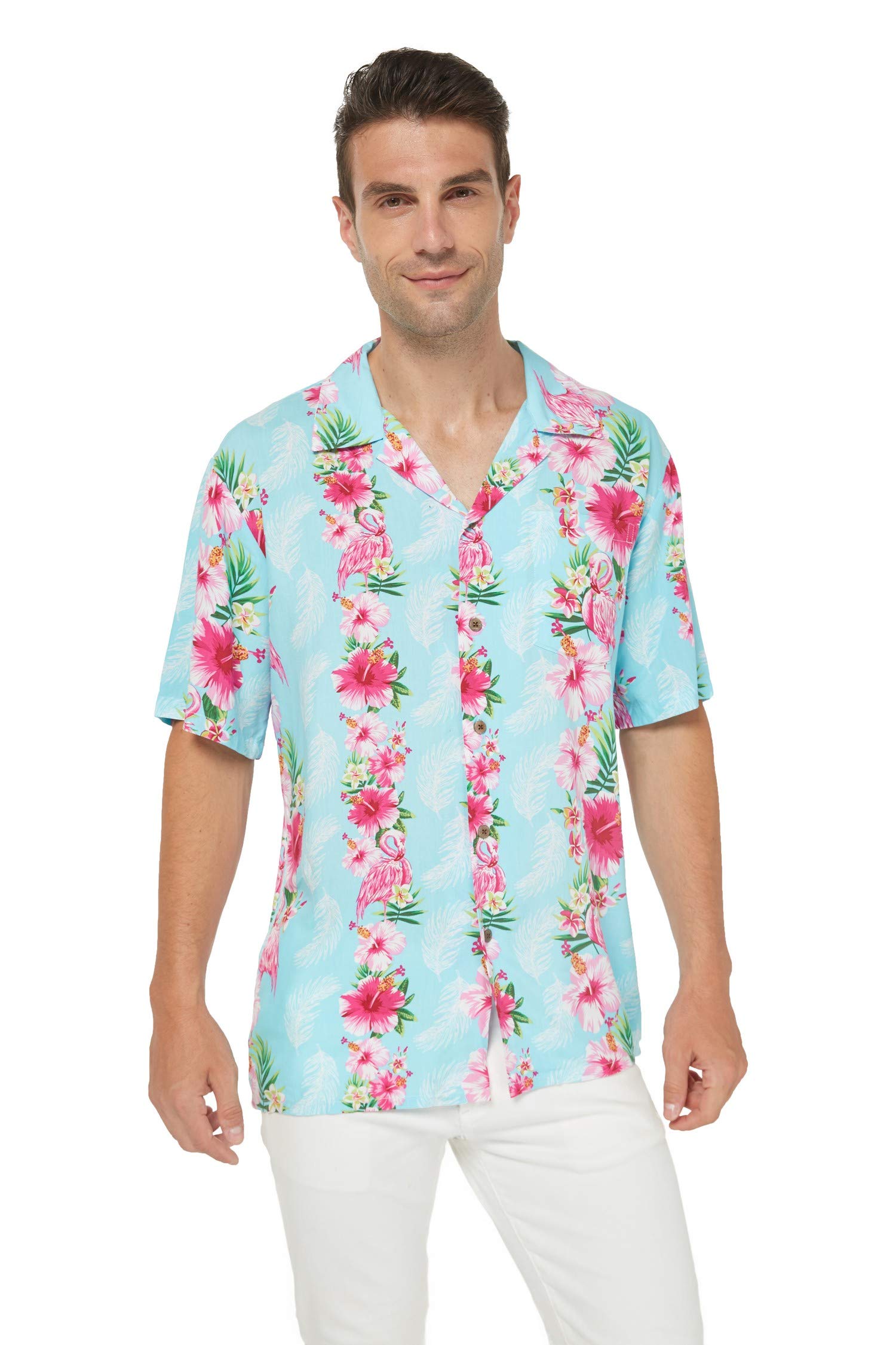 Hawaiian Luau Cruise Party Matching Couple Outfit - Floral Hibiscus Blue Shirt & Dress for Beach Vacation, Summer Cruise, and Tropical Themed Events