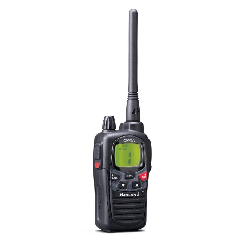 Midland G9 PRO Waterproof Walkie Talkie Radio - IPX4 Rated, 32 PMR446 Channels, 1800mAh Rechargeable Battery with Charger & Belt Clip - Ideal for Hiking, Camping, Construction and Outdoor Adventures