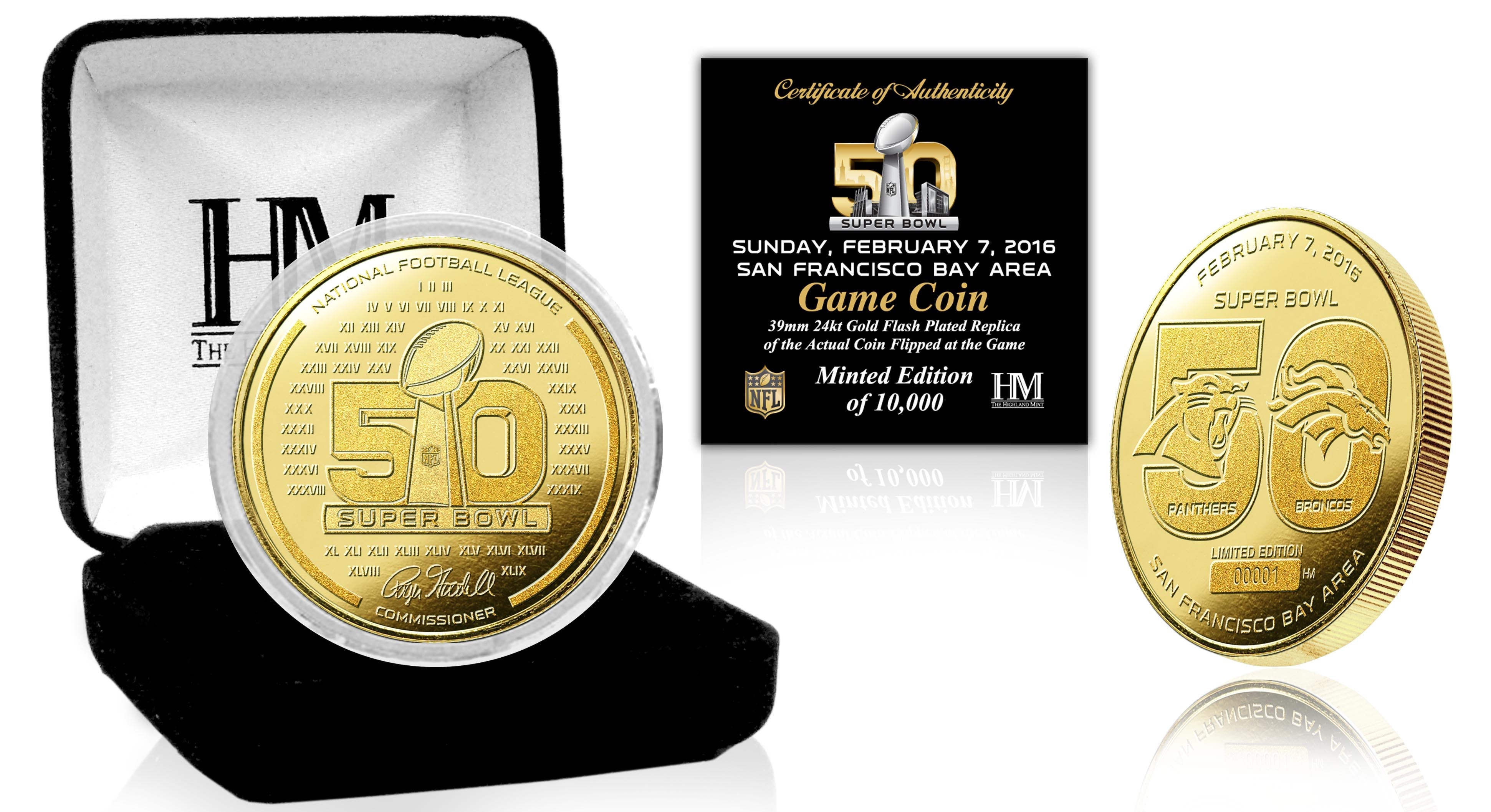 Official Super Bowl 50th Anniversary Commemorative Gold Flip Coin - Collector's Edition Football Game Day Memorabilia (Perfect for Super Bowl Parties, Sports Collectors & Football Fans)