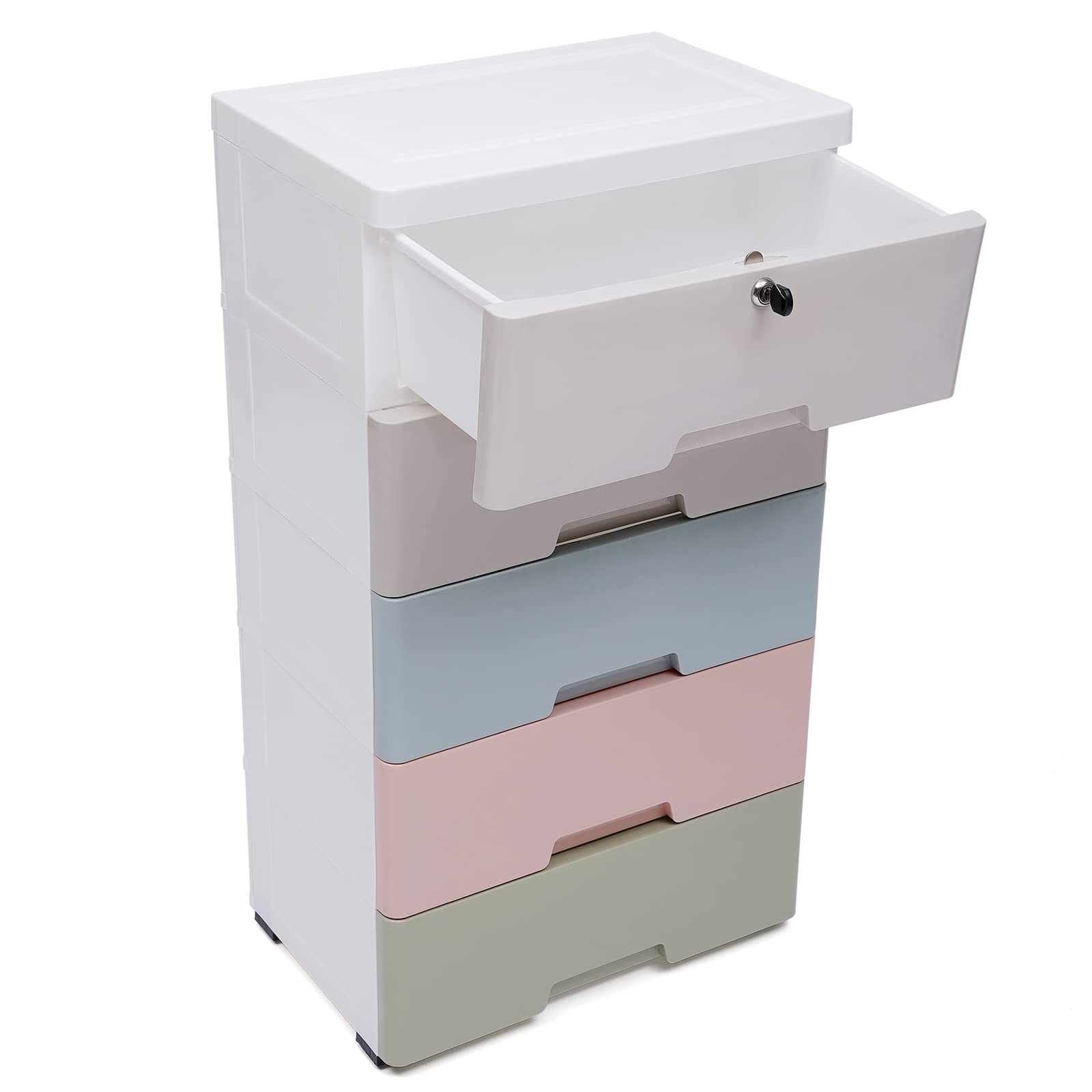 5-Drawer Stackable Plastic Storage Dresser with Wheels - 17.72 x 11.81 x 33.07 Inch Vertical Organizer Cabinet for Kids Clothes, Baby Nursery & Bedroom Furniture - Perfect for Small Space Organization & Toy Storage