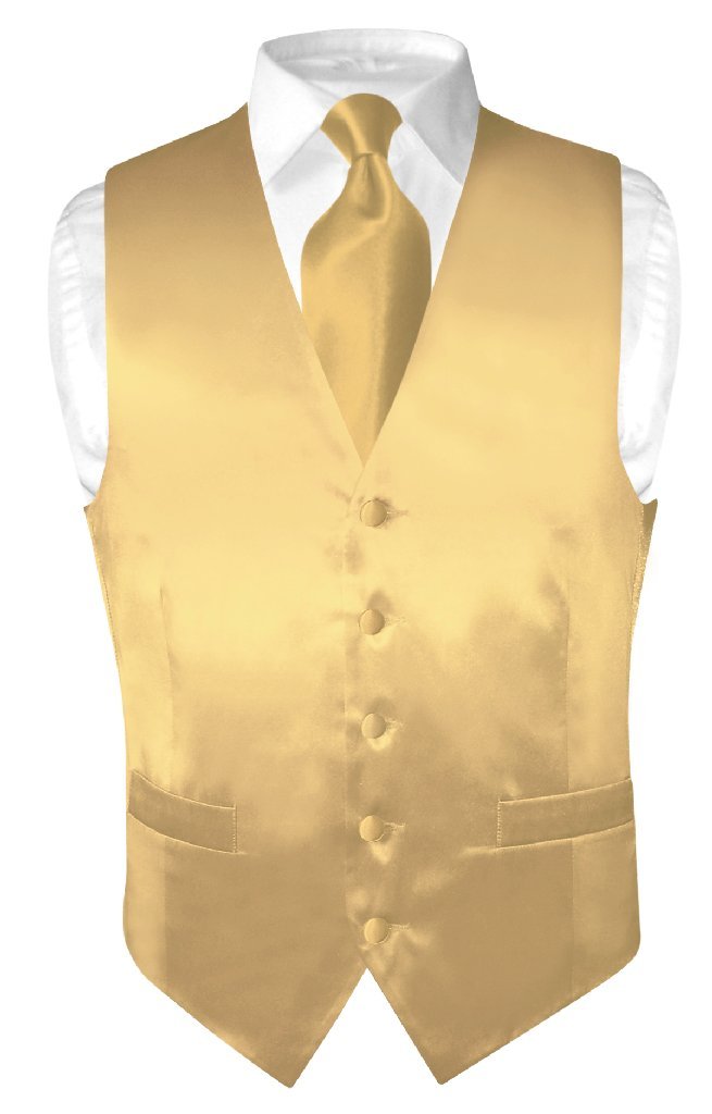 Men's Silk Dress Vest & Necktie Set - Solid Gold Color Formal Wear for Weddings, Business Meetings & Special Occasions